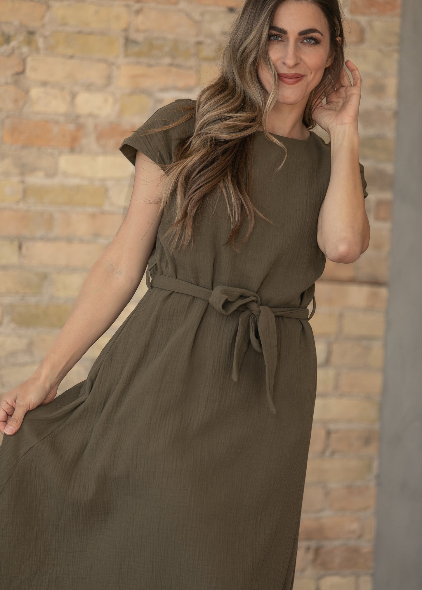 Lily Olive Gauze Belted Midi Dress IC Dresses