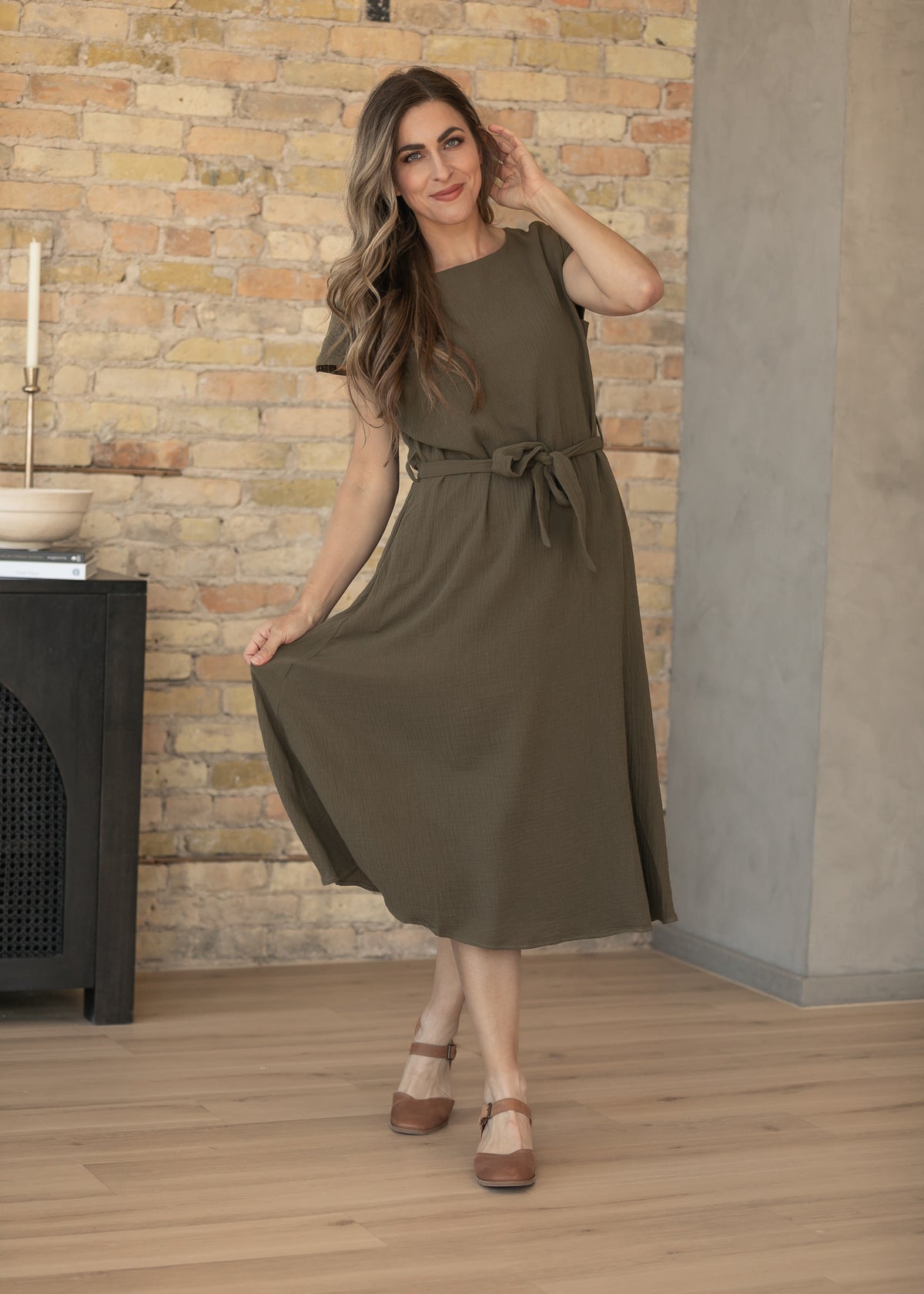 Lily Olive Gauze Belted Midi Dress IC Dresses