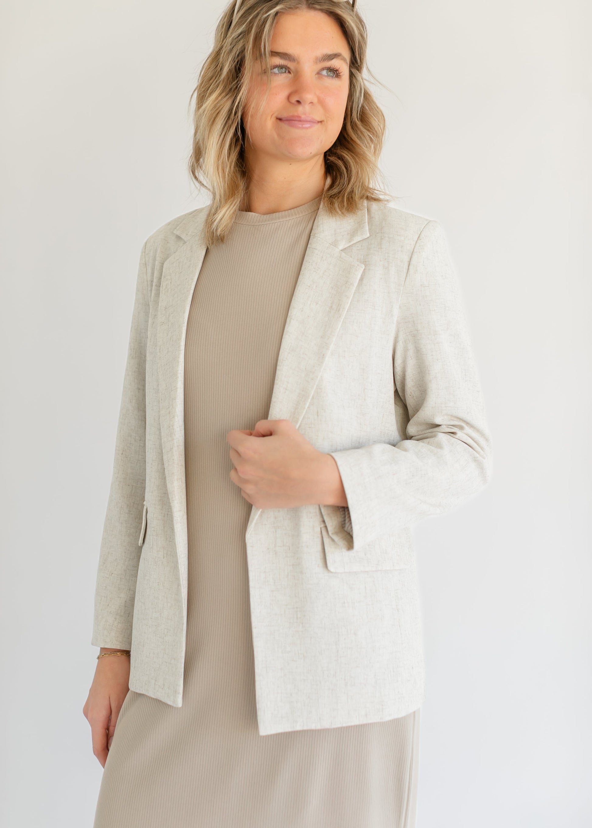 Linen Blend Open Front Blazer FF Layering Essentials
