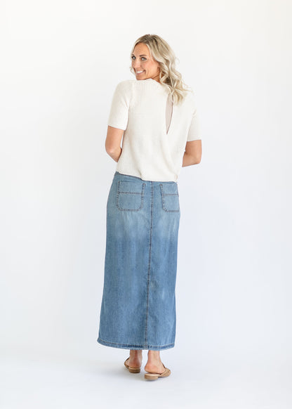 Liora Button Front Denim Maxi Skirt FF Skirts