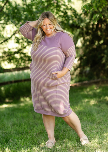 Liv Purple Striped Colorblock Sweatshirt Dress FINAL SALE