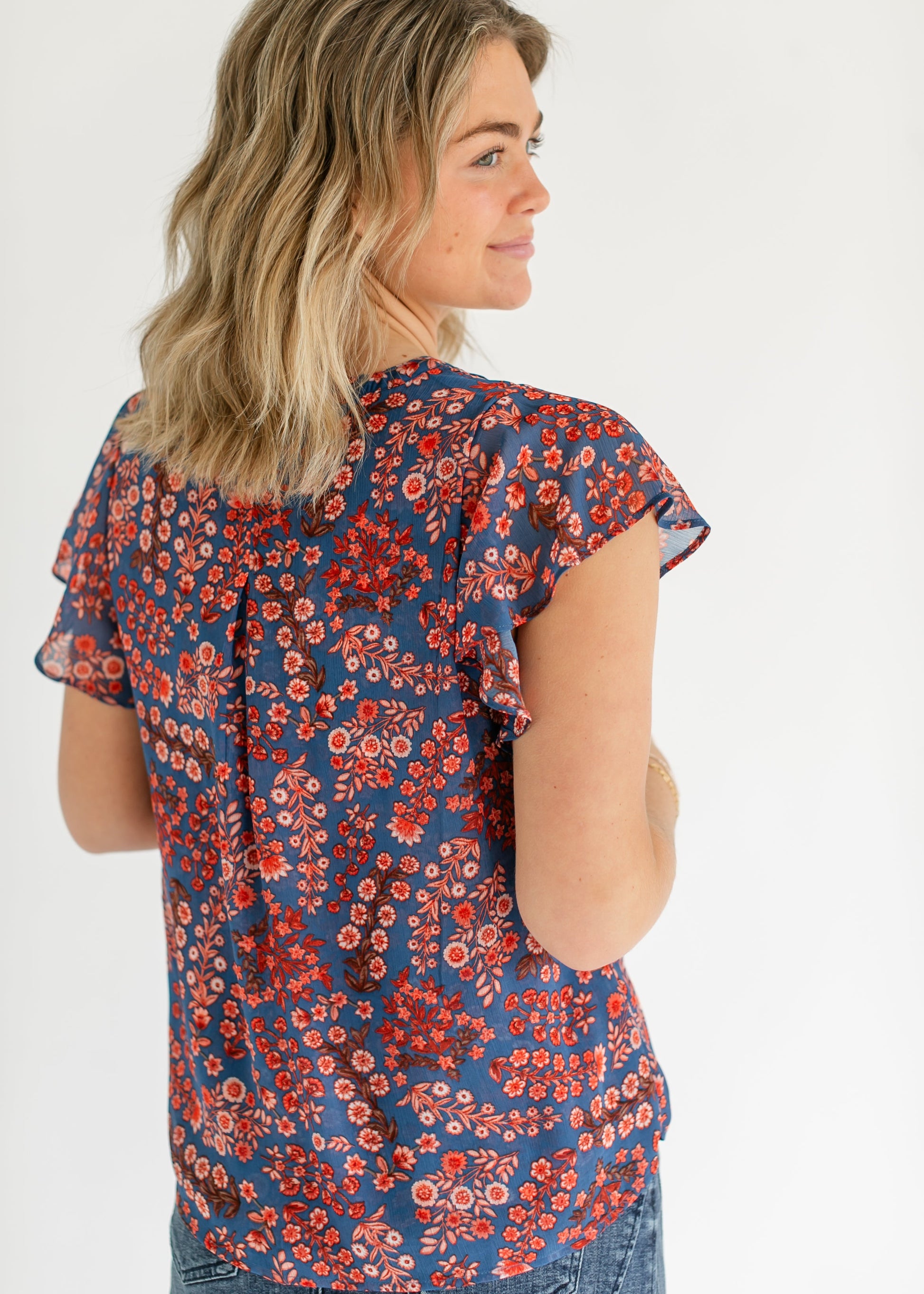LIVERPOOL® Blue Floral Flutter Sleeve Woven Top FF Tops
