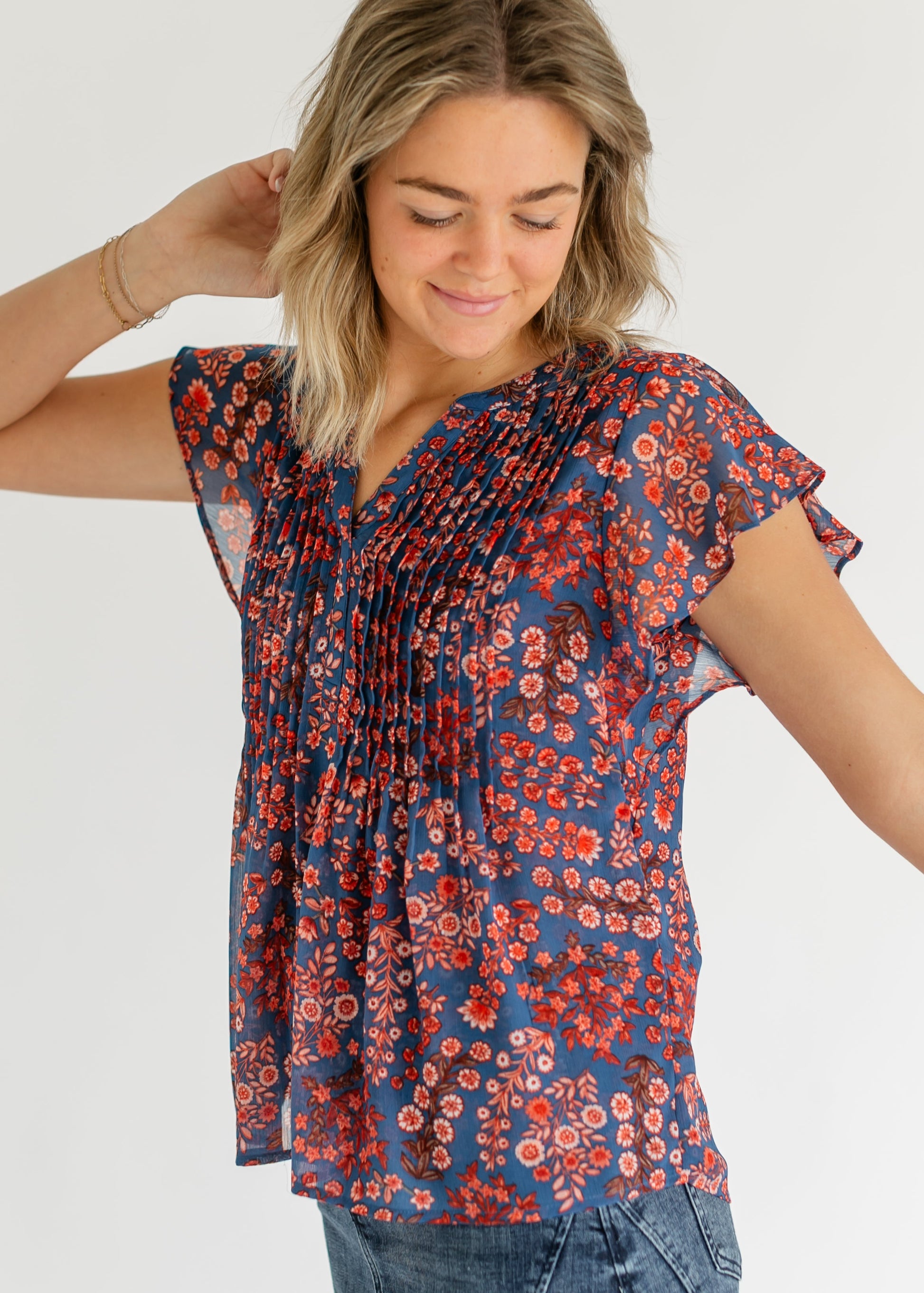 LIVERPOOL® Blue Floral Flutter Sleeve Woven Top FF Tops
