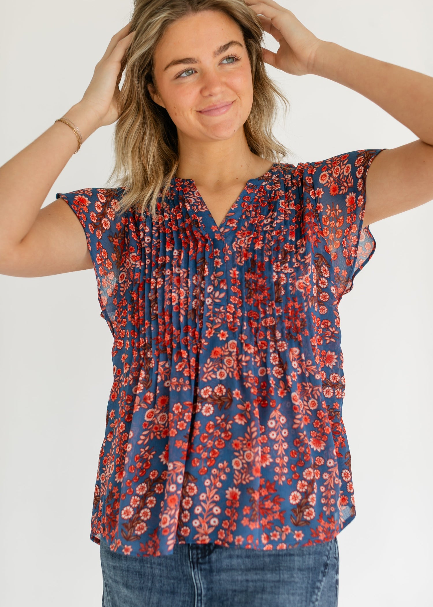 LIVERPOOL® Blue Floral Flutter Sleeve Woven Top FF Tops