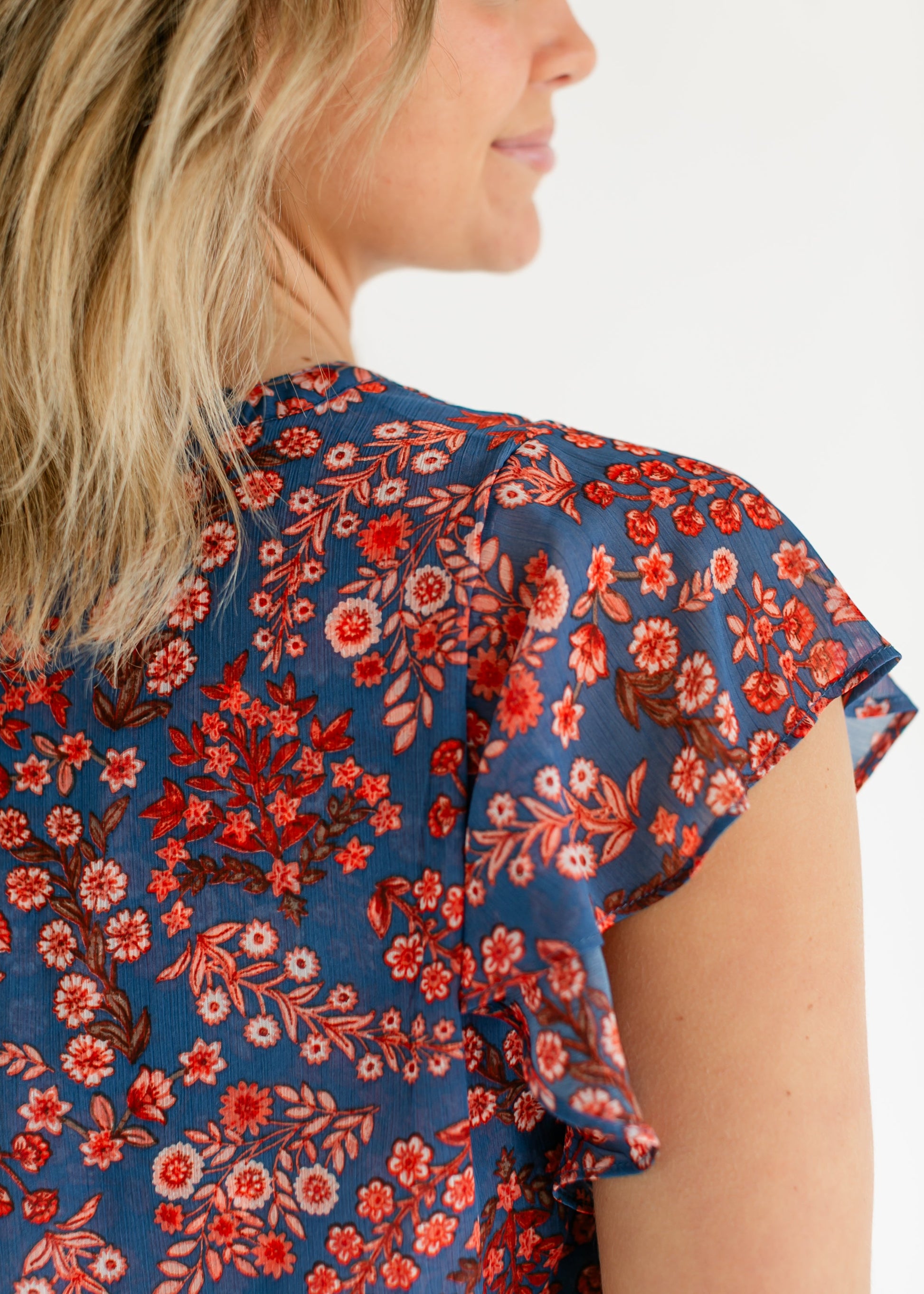 LIVERPOOL® Blue Floral Flutter Sleeve Woven Top FF Tops