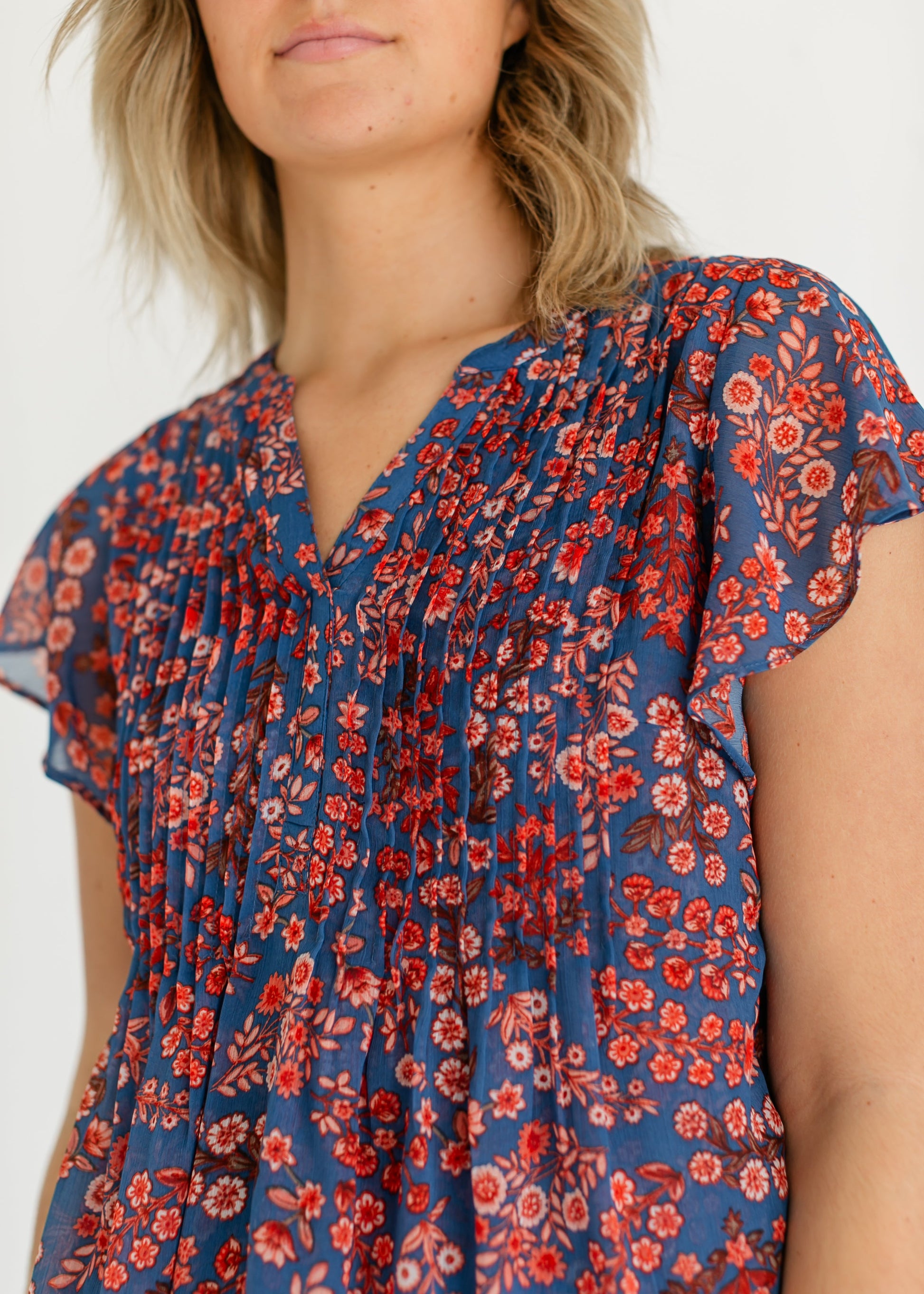 LIVERPOOL® Blue Floral Flutter Sleeve Woven Top FF Tops