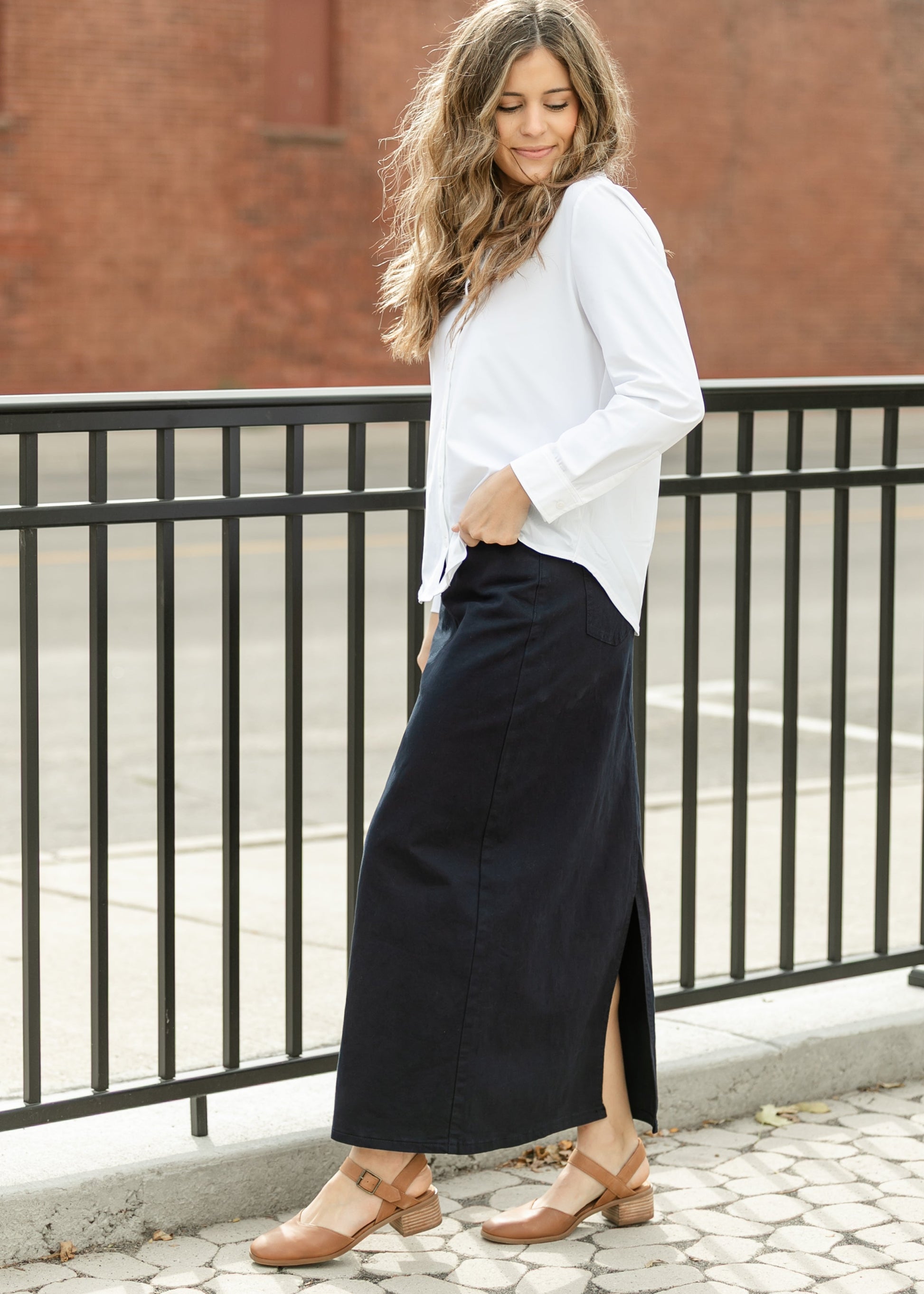 LIVERPOOL® Long Sleeve White Button Front Knit Top FF Tops