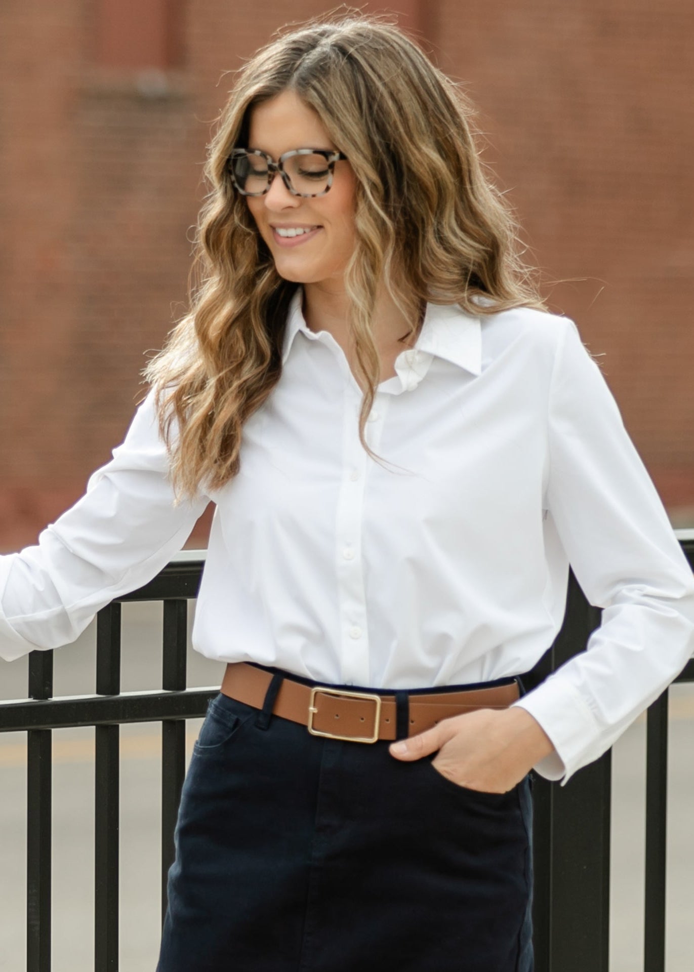 LIVERPOOL® Long Sleeve White Button Front Knit Top FF Tops