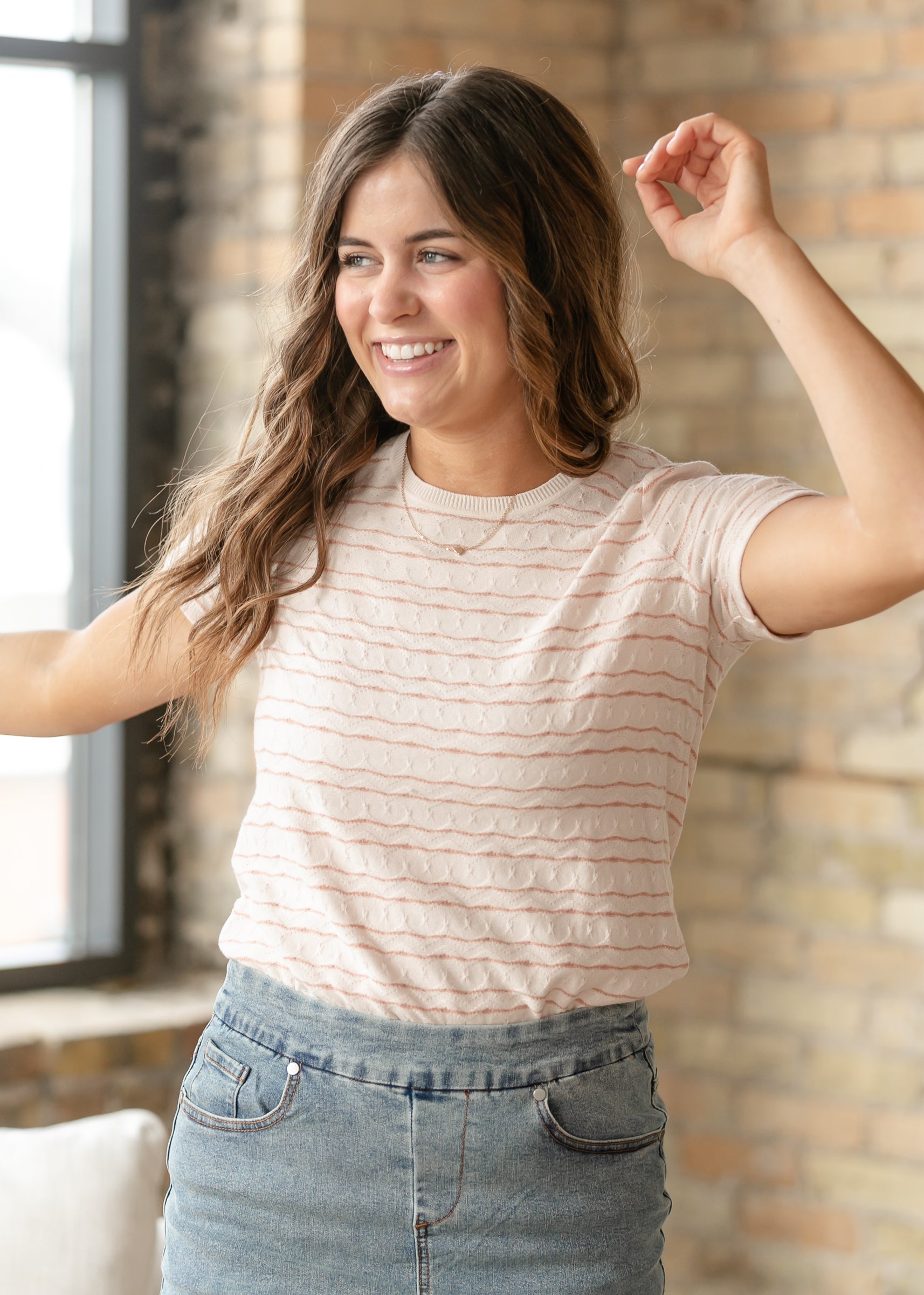 LIVERPOOL® Pink Wave Rib Trim Short Sleeve Knit Tee FF Tops