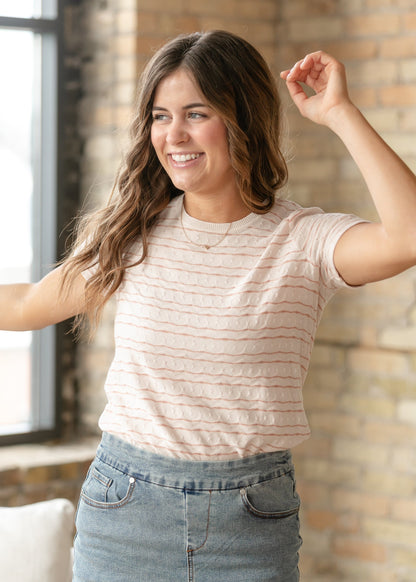 LIVERPOOL® Pink Wave Rib Trim Short Sleeve Knit Tee FF Tops