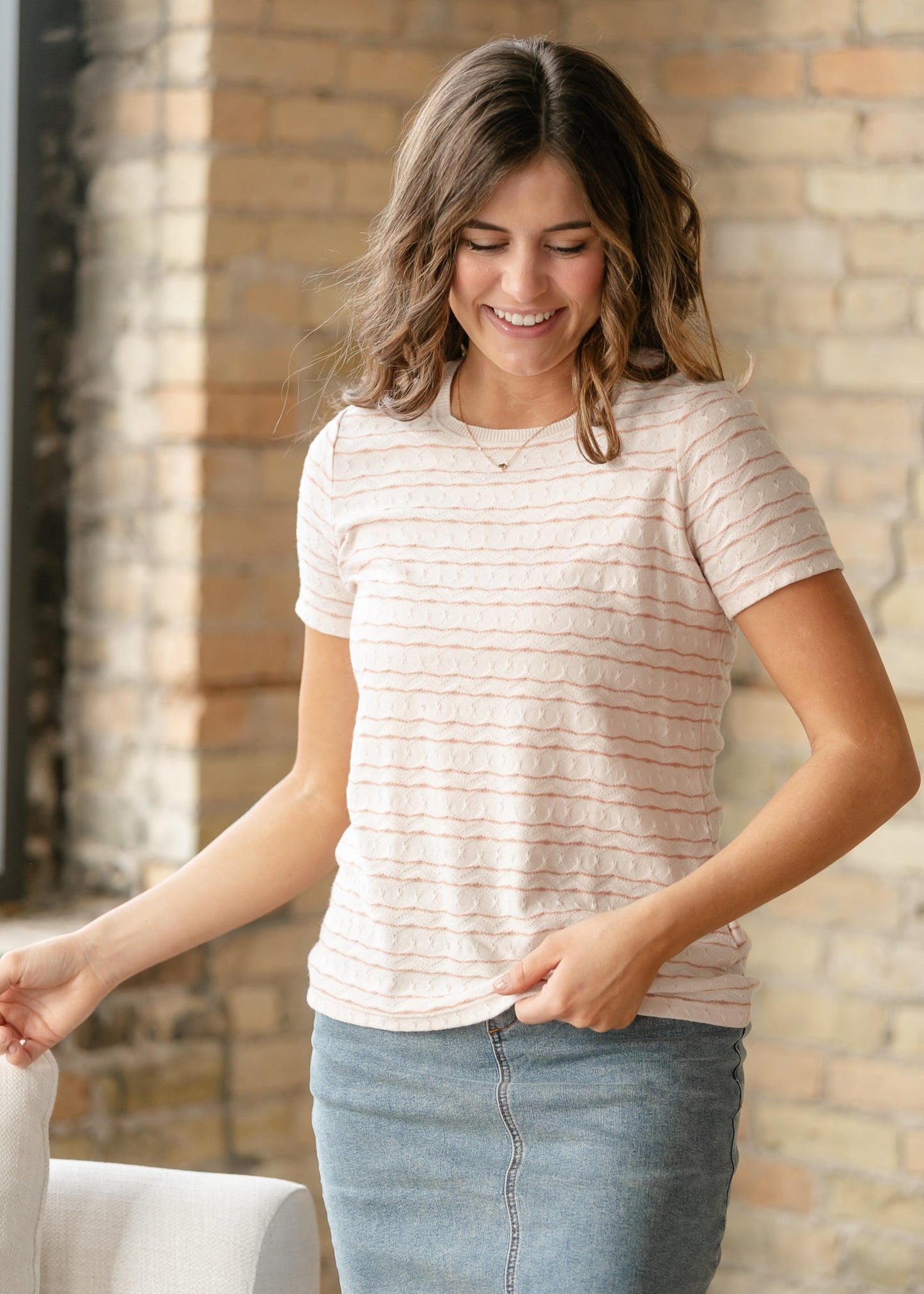 LIVERPOOL® Pink Wave Rib Trim Short Sleeve Knit Tee FF Tops