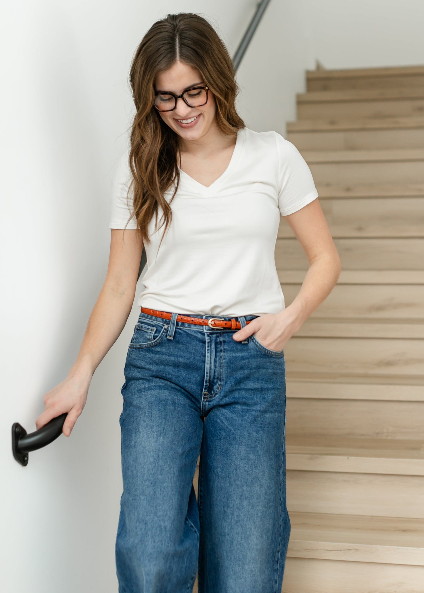 LIVERPOOL® Short Sleeve V-Neck Knit T-Shirt FF Tops