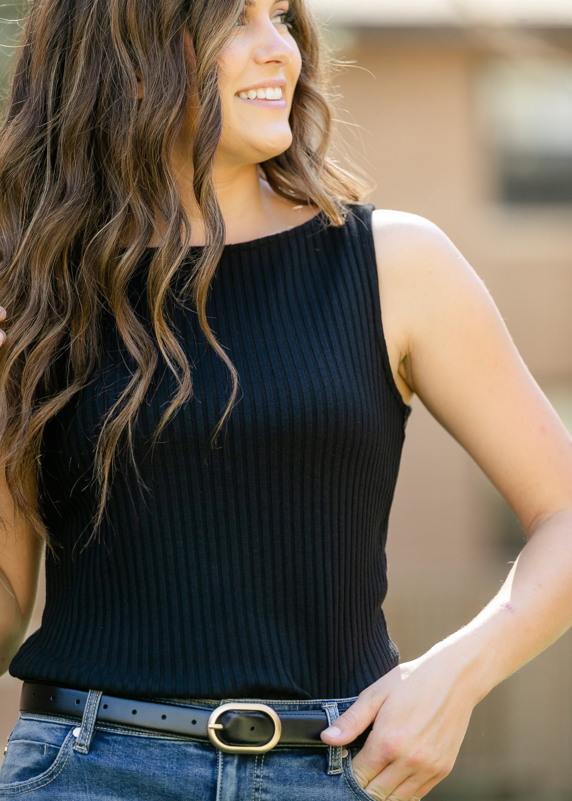Liverpool® Sleeveless Boat Neck Rib Knit Top FF Tops