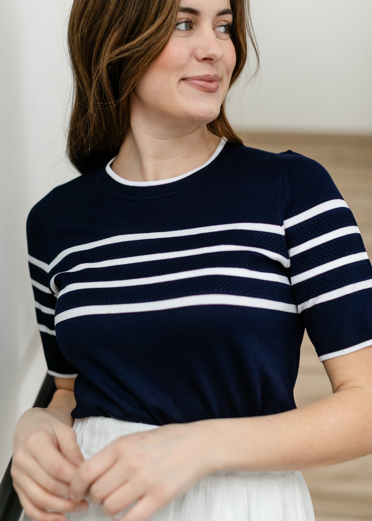 LIVERPOOL® Striped Short Sleeve Crew Neck Sweater FF Tops