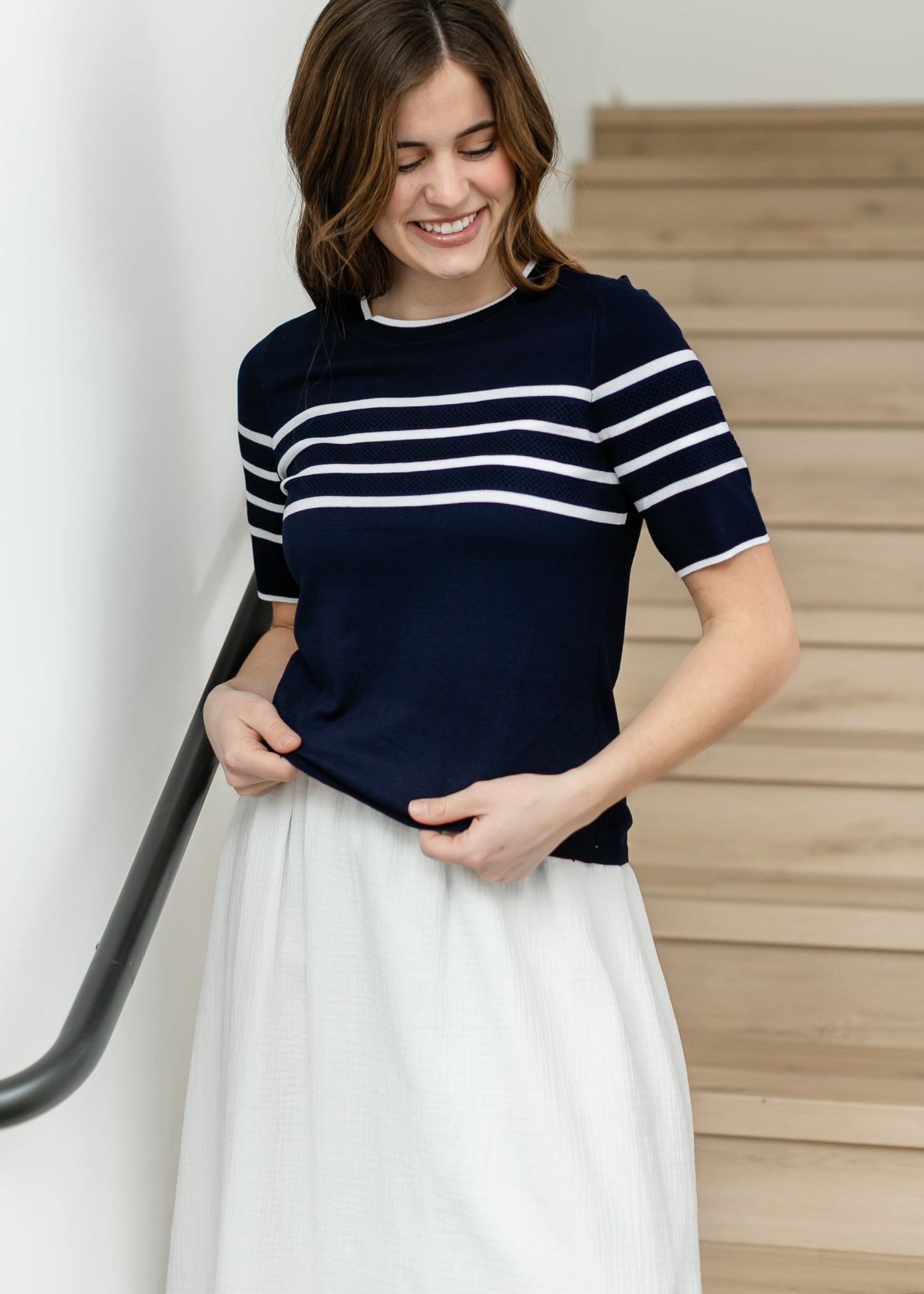 LIVERPOOL® Striped Short Sleeve Crew Neck Sweater FF Tops