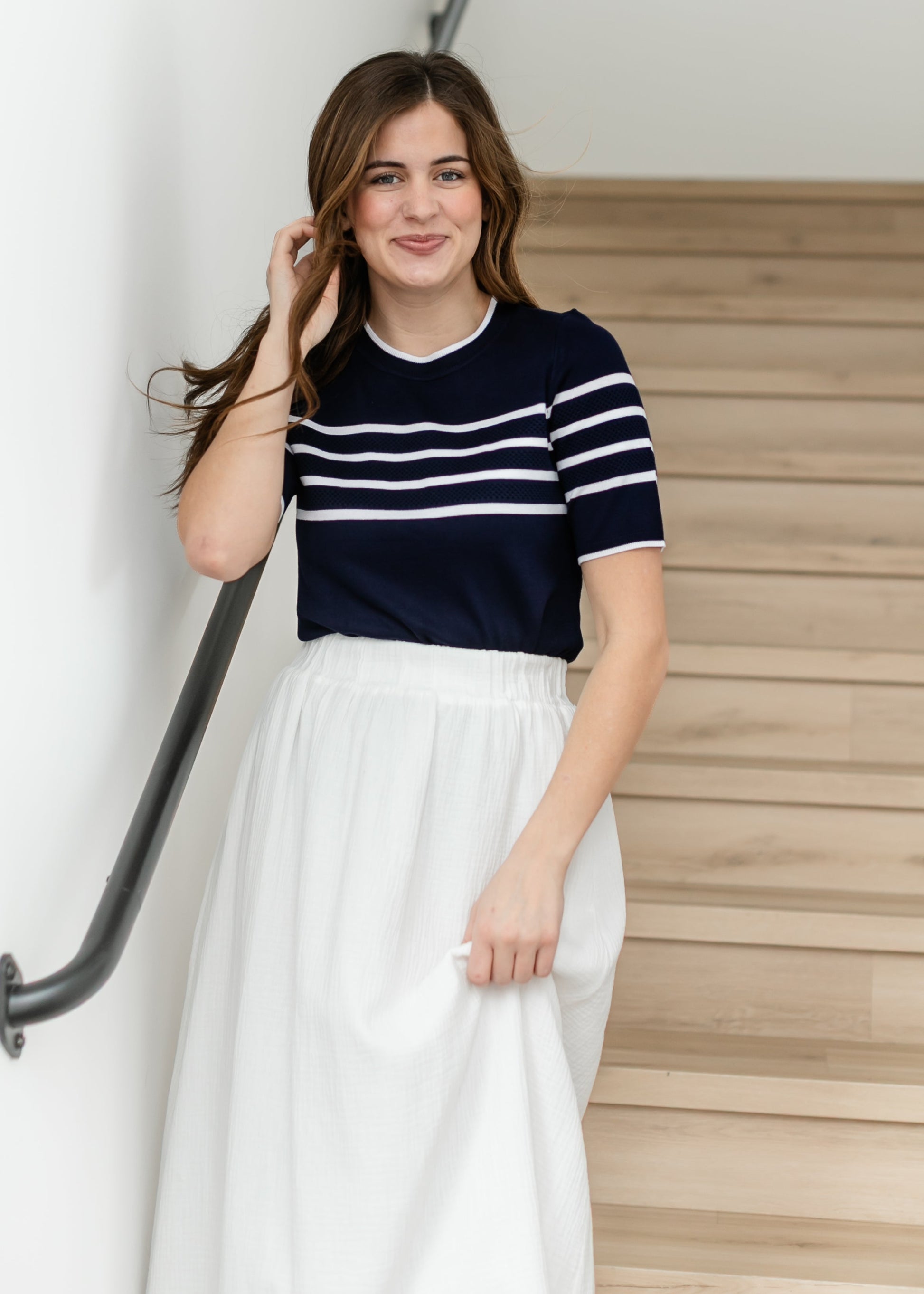 LIVERPOOL® Striped Short Sleeve Crew Neck Sweater FF Tops