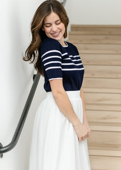 LIVERPOOL® Striped Short Sleeve Crew Neck Sweater FF Tops