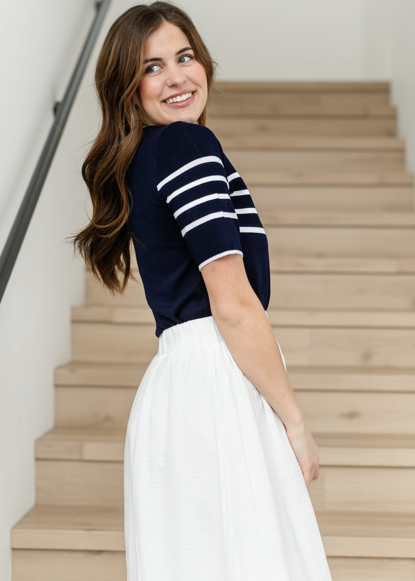 LIVERPOOL® Striped Short Sleeve Crew Neck Sweater FF Tops