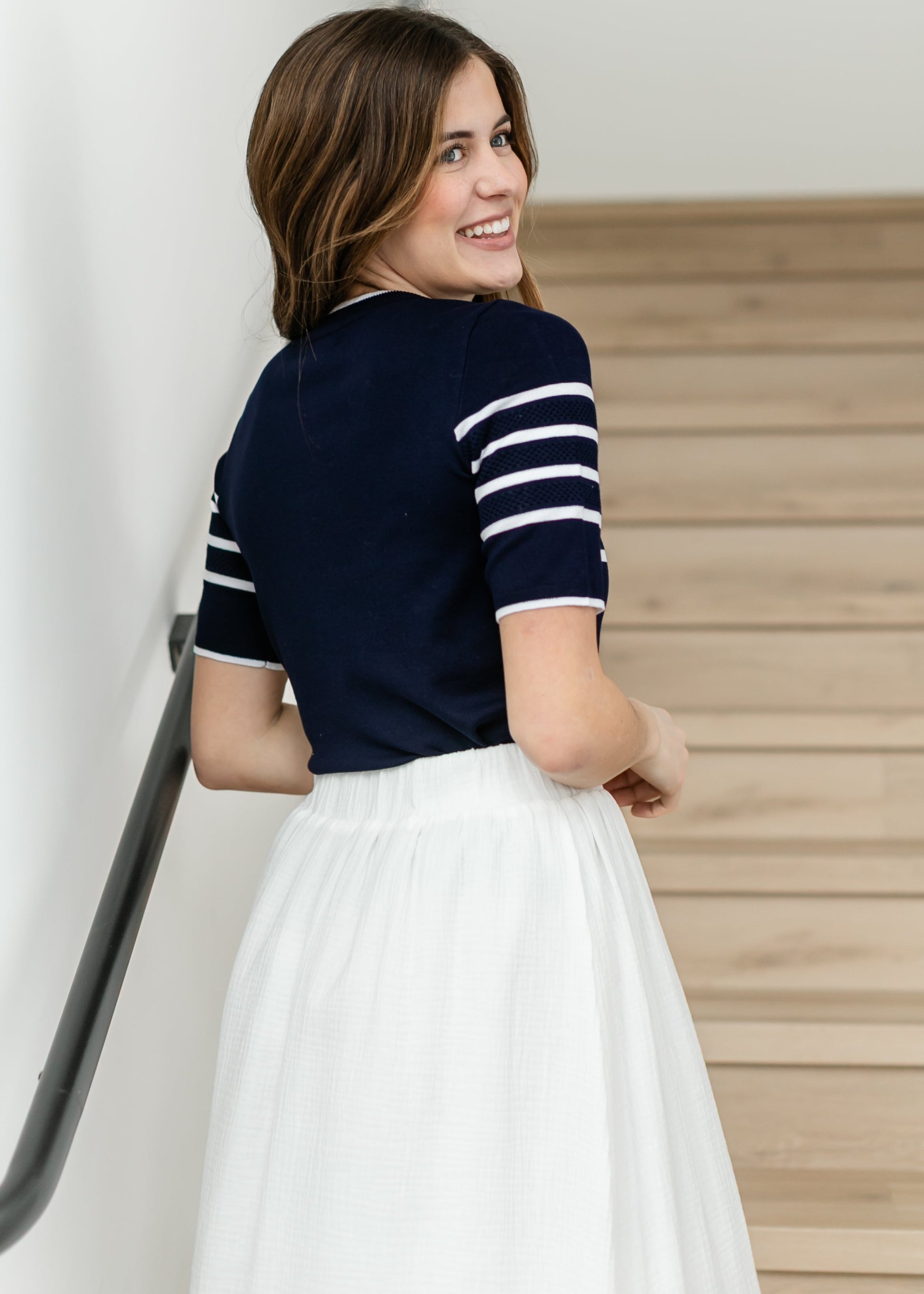 LIVERPOOL® Striped Short Sleeve Crew Neck Sweater FF Tops