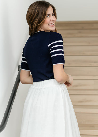 LIVERPOOL® Striped Short Sleeve Crew Neck Sweater FF Tops