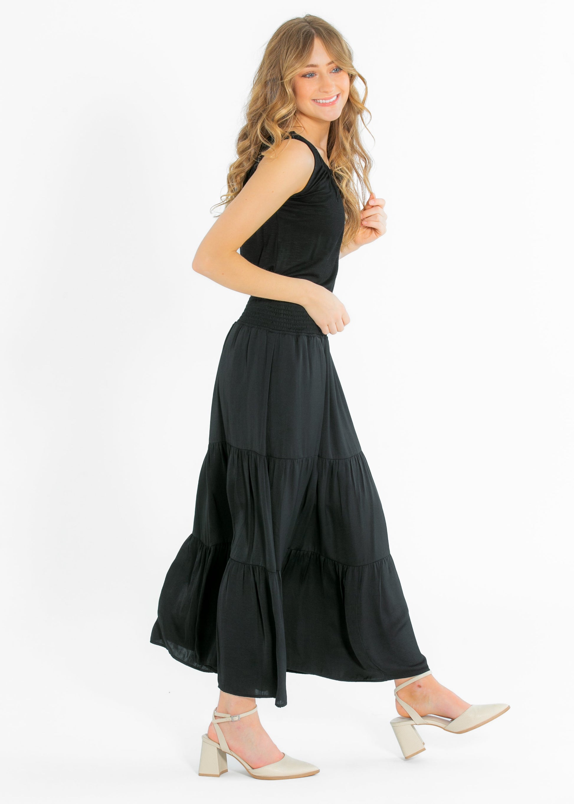 Liverpool® Tiered Woven Black Maxi Skirt FF Skirts
