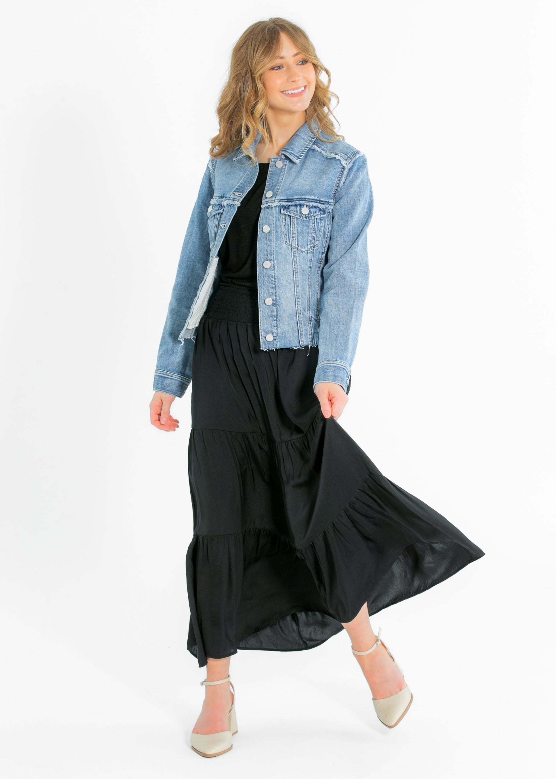 Liverpool® Tiered Woven Black Maxi Skirt FF Skirts