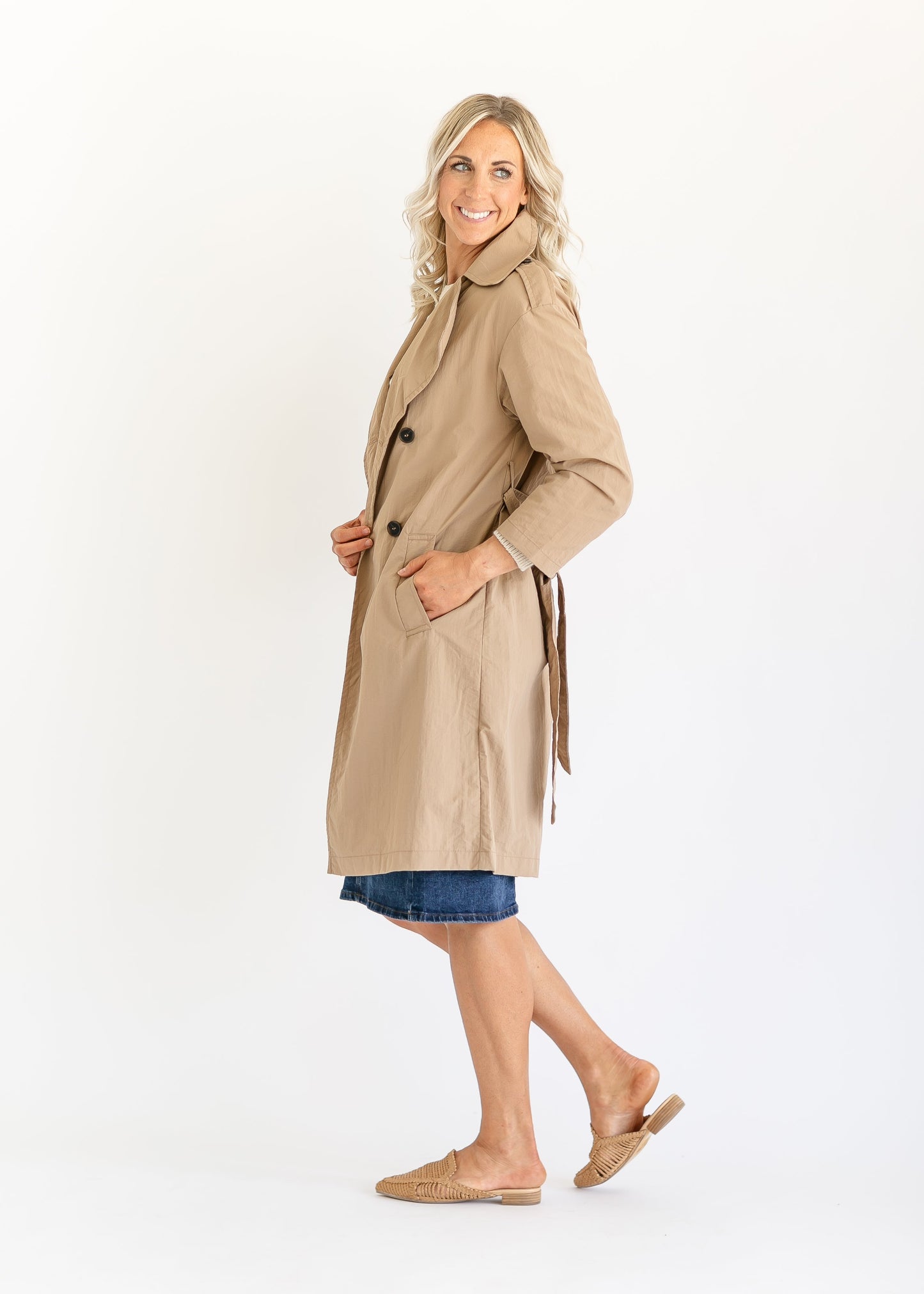 Long Button Up Belted Trench Coat FF Tops