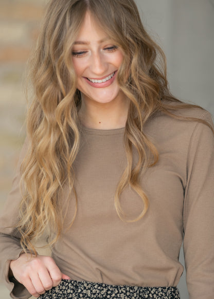 Long Sleeve Brown Larza Lettuce Hem Top IC Tops