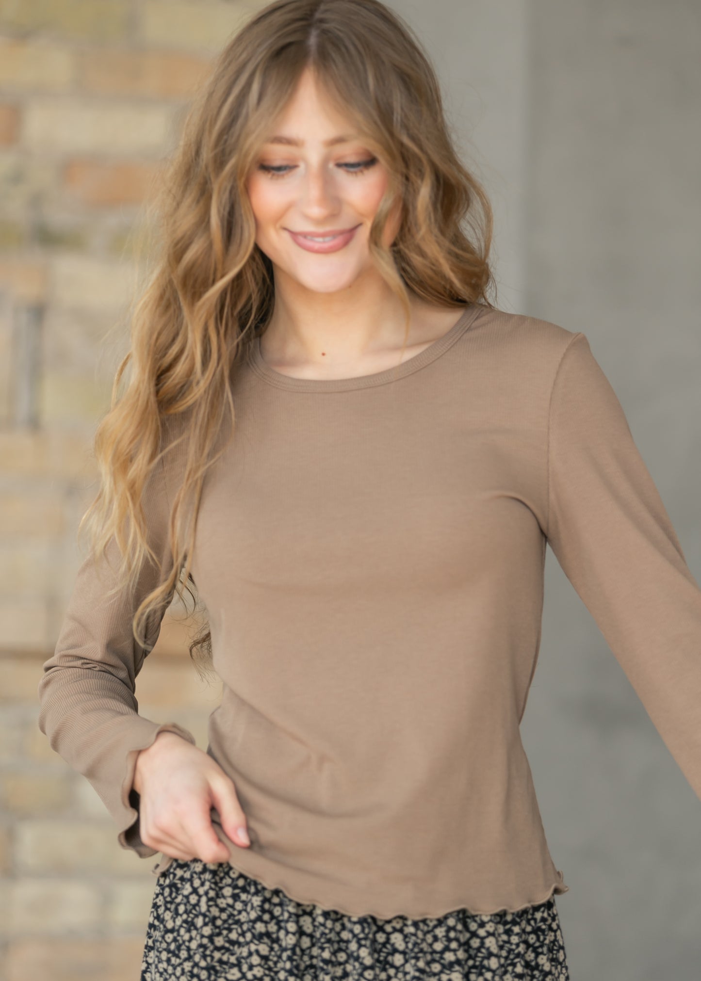 Long Sleeve Brown Larza Lettuce Hem Top IC Tops