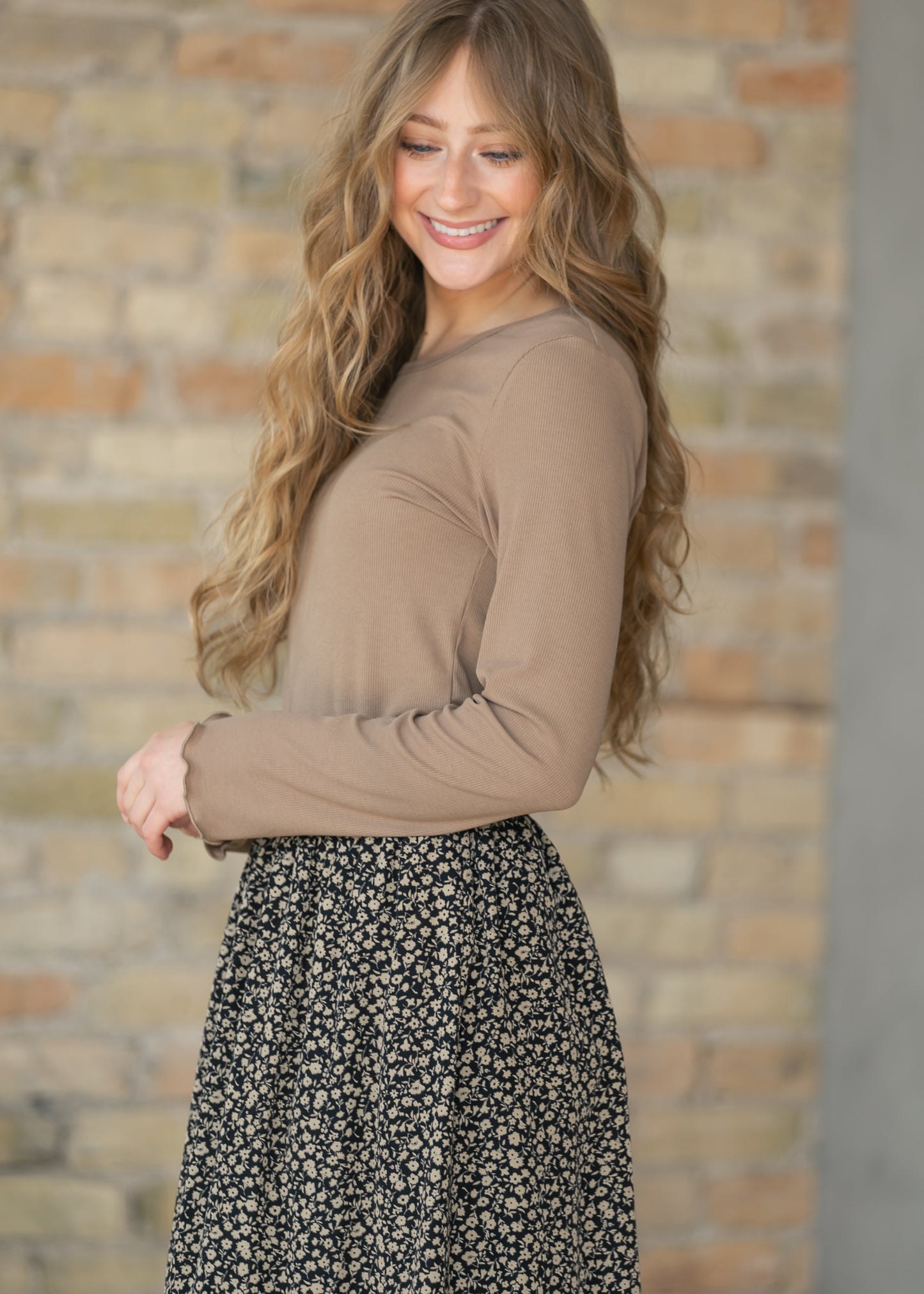 Long Sleeve Brown Larza Lettuce Hem Top IC Tops
