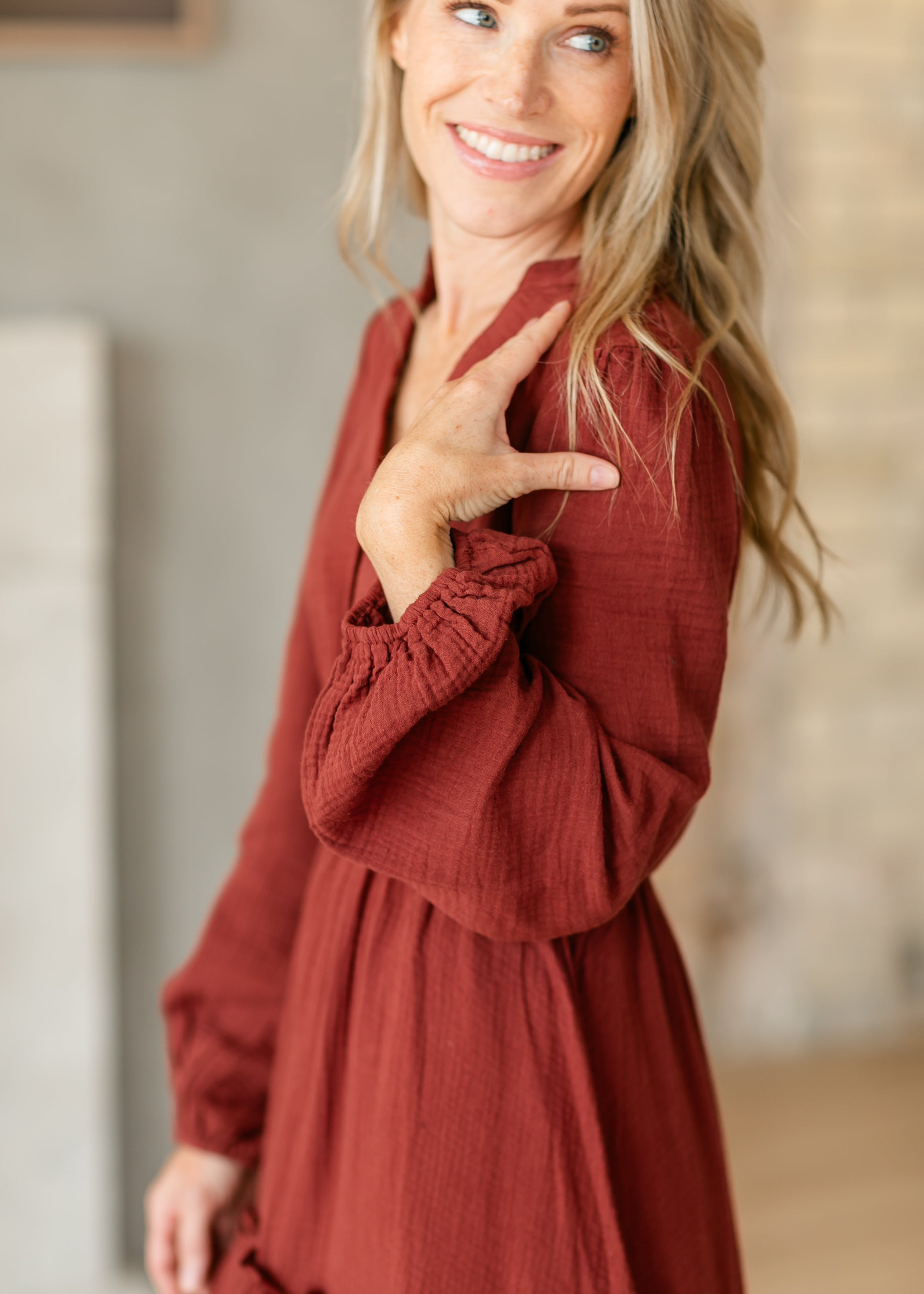 gauze tiered midi dress Long Sleeve Gauze Tiered Midi Dress