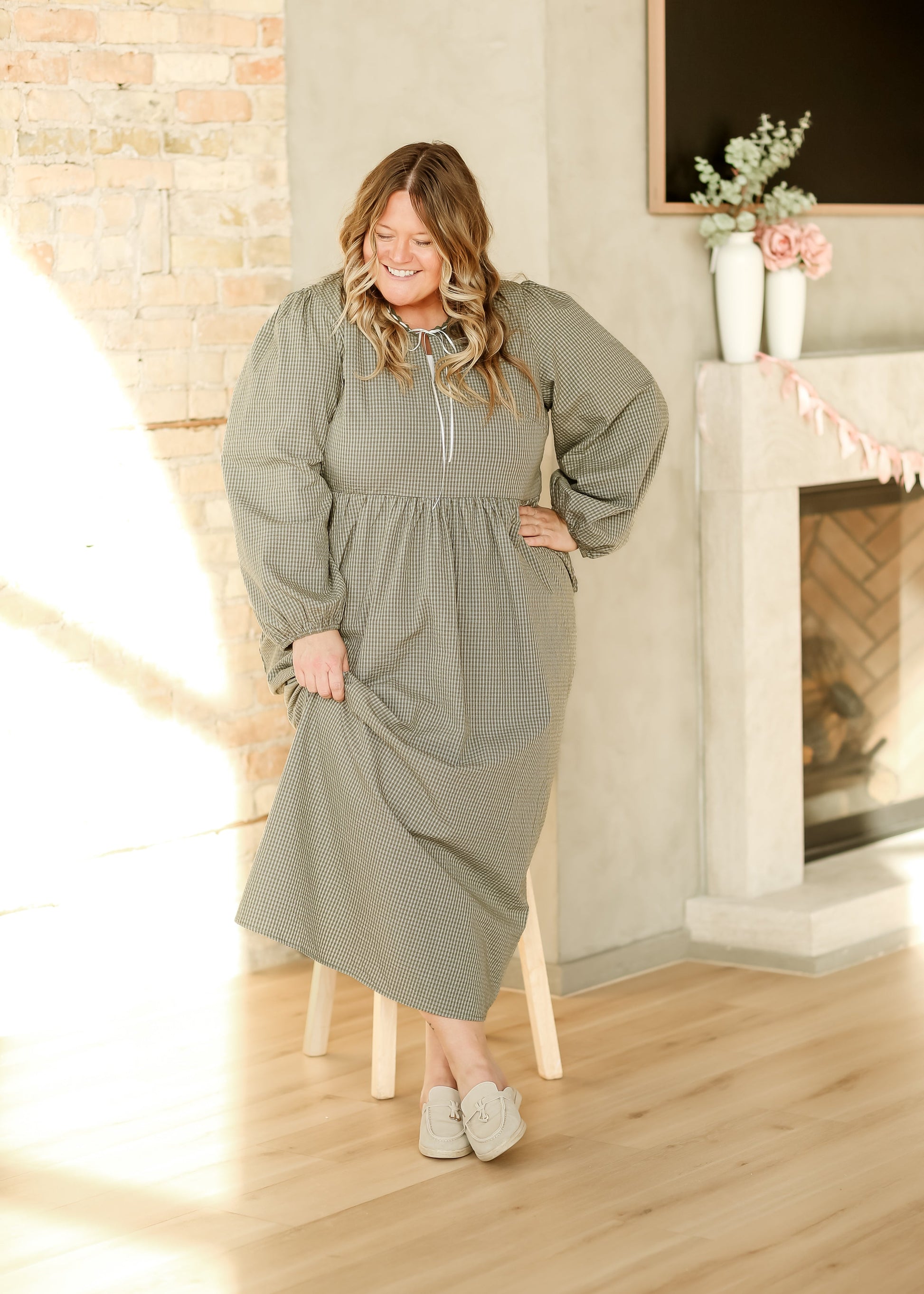 Long Sleeve Gingham Tie Detail Maxi Dress - FINAL SALE S Long Sleeve Gingham Tie Detail Maxi Dress - FINAL SALE S