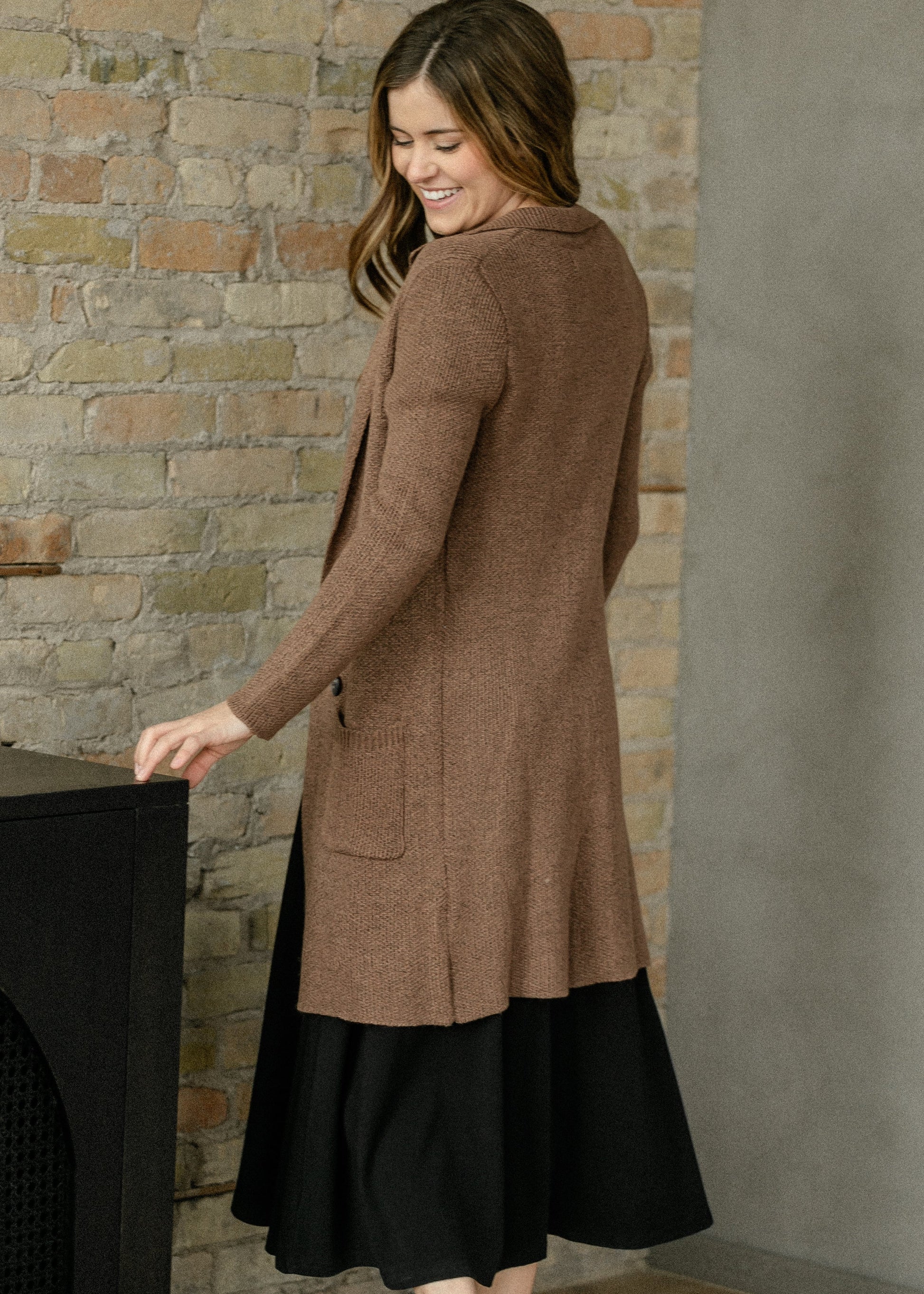 Long Sleeve Notched Collar Sweater Jacket FF Layering Essentials Chocolate Brown / S