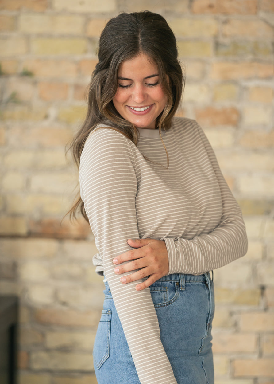 Long Sleeve Warm Gray Striped Top FF Tops