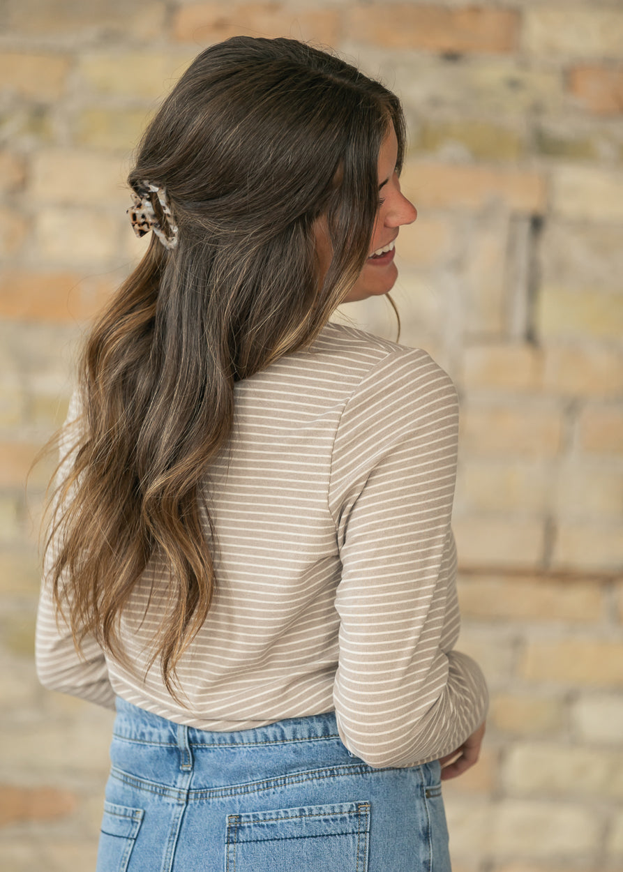 Long Sleeve Warm Gray Striped Top FF Tops
