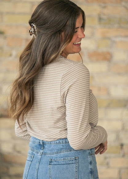 Long Sleeve Warm Gray Striped Top FF Tops