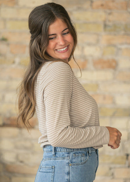 Long Sleeve Warm Gray Striped Top FF Tops