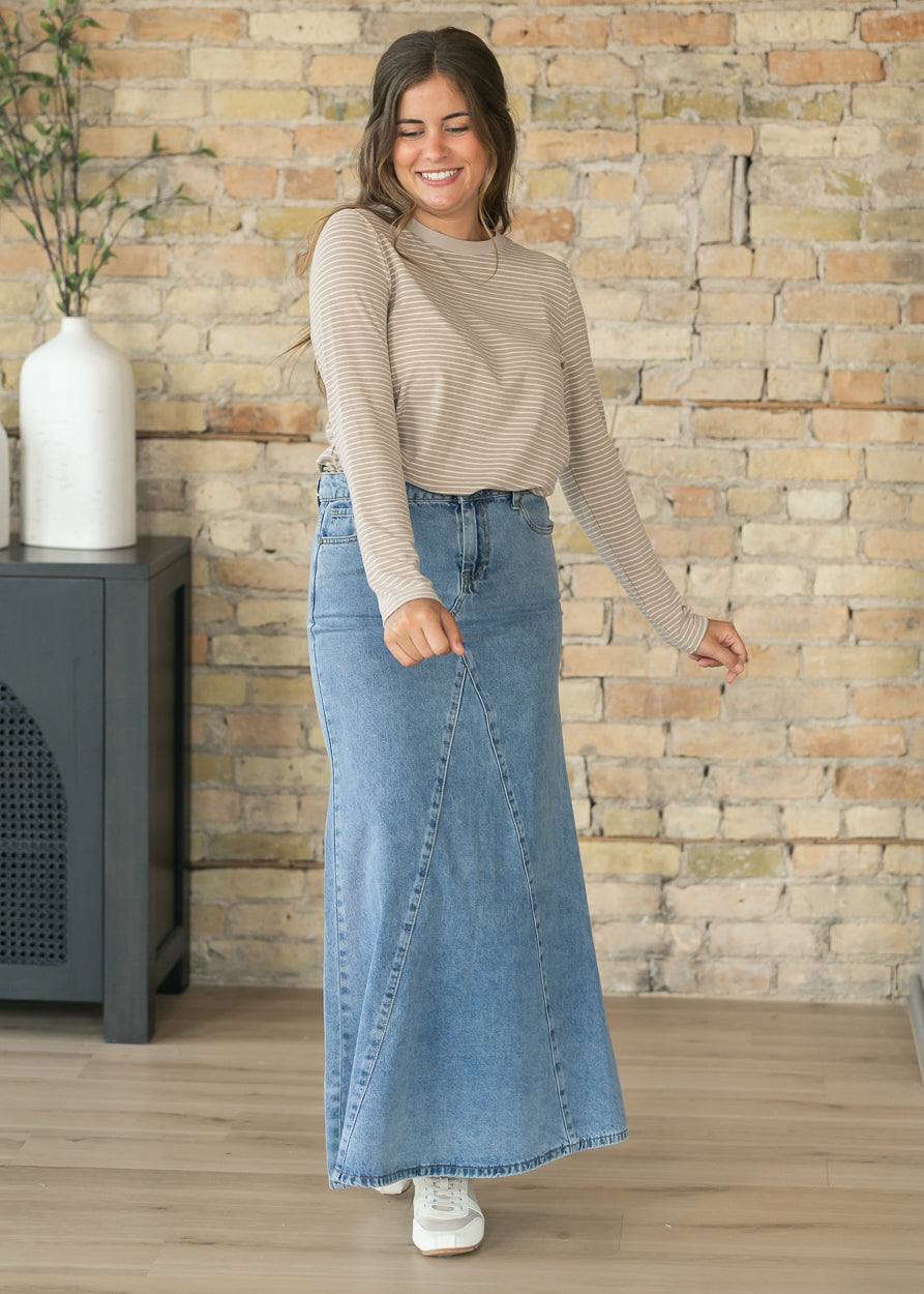 Long Sleeve Warm Gray Striped Top FF Tops