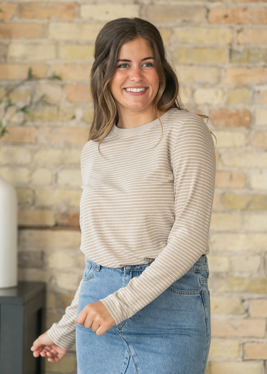 Long Sleeve Warm Gray Striped Top FF Tops S