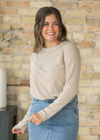 Long Sleeve Warm Gray Striped Top FF Tops S
