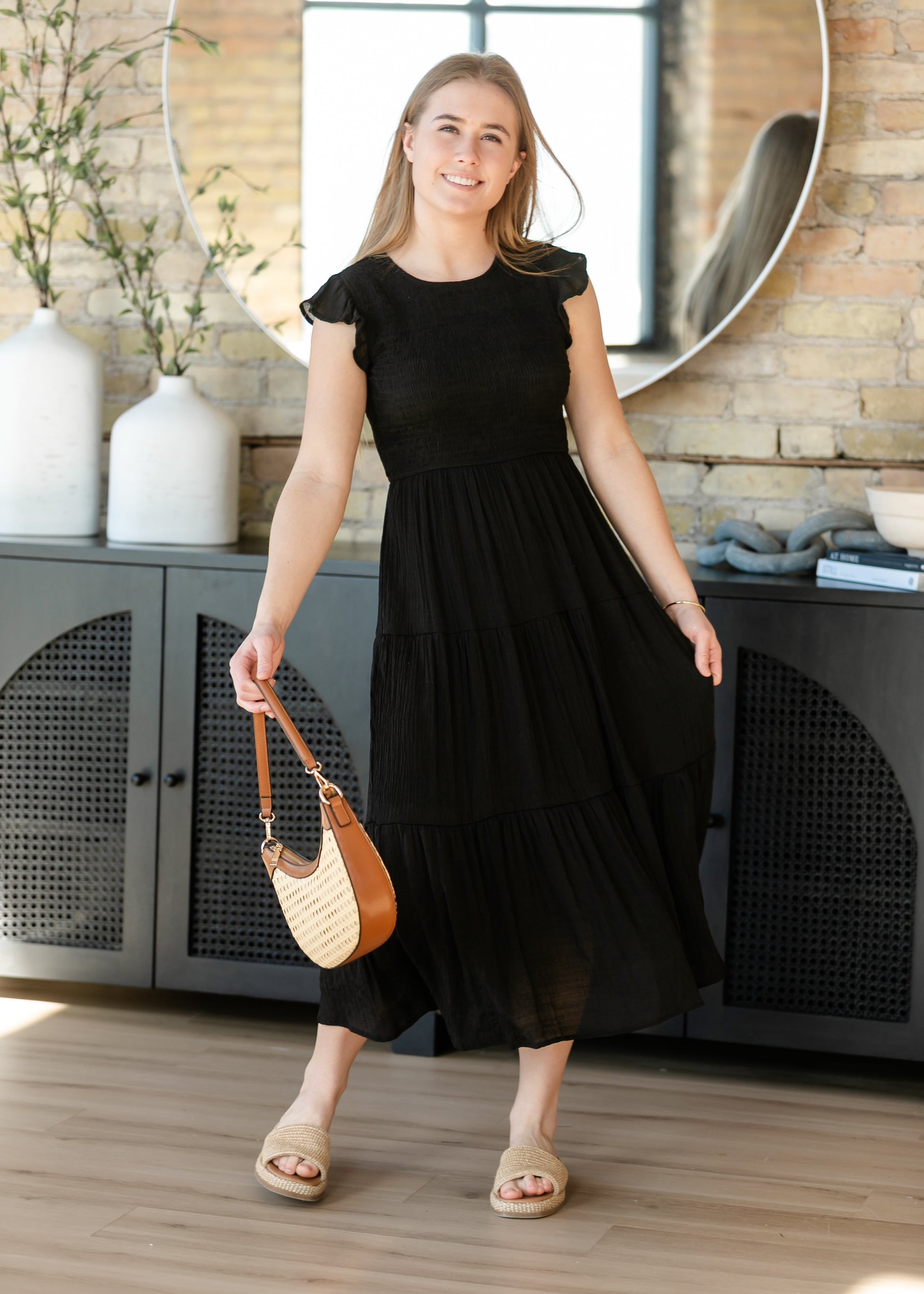 tiered midi dress formal Kukoosong Women's 3/4 Sleeve V-Neck Pleated Midi Dress, Tiered Ruffle Hem Asymmetrical Flowy A-Line Dress, Formal Cocktail Party Elegant Dress, Size: