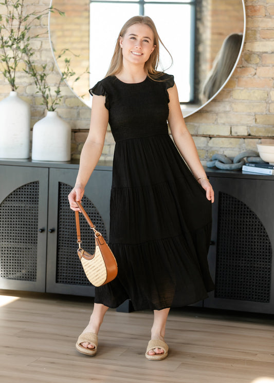 Lorelai Black Smocked Tiered Midi Dress FF Dresses