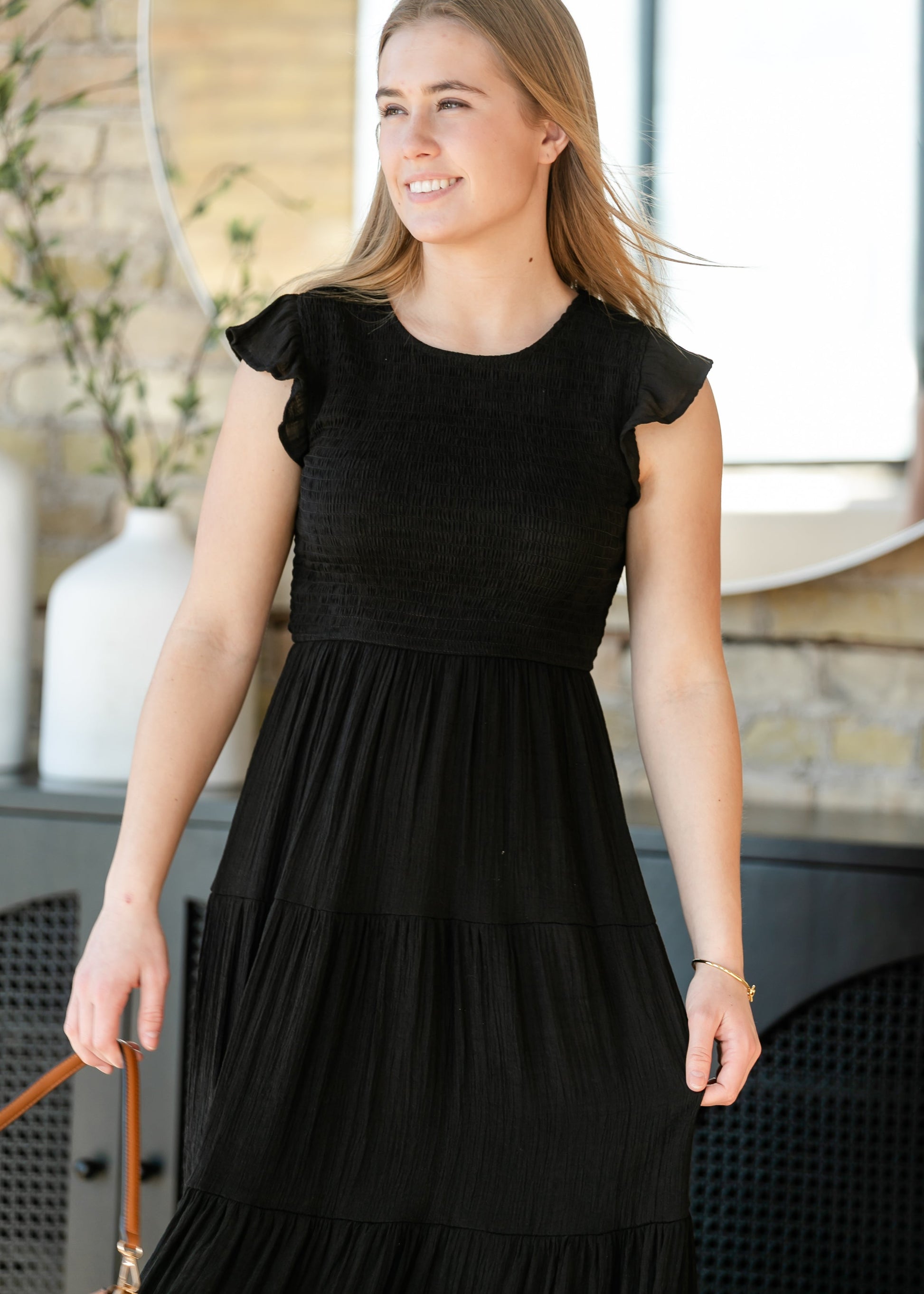 Lorelai Black Smocked Tiered Midi Dress, Large Lorelai Black Smocked Tiered Midi Dress, Large