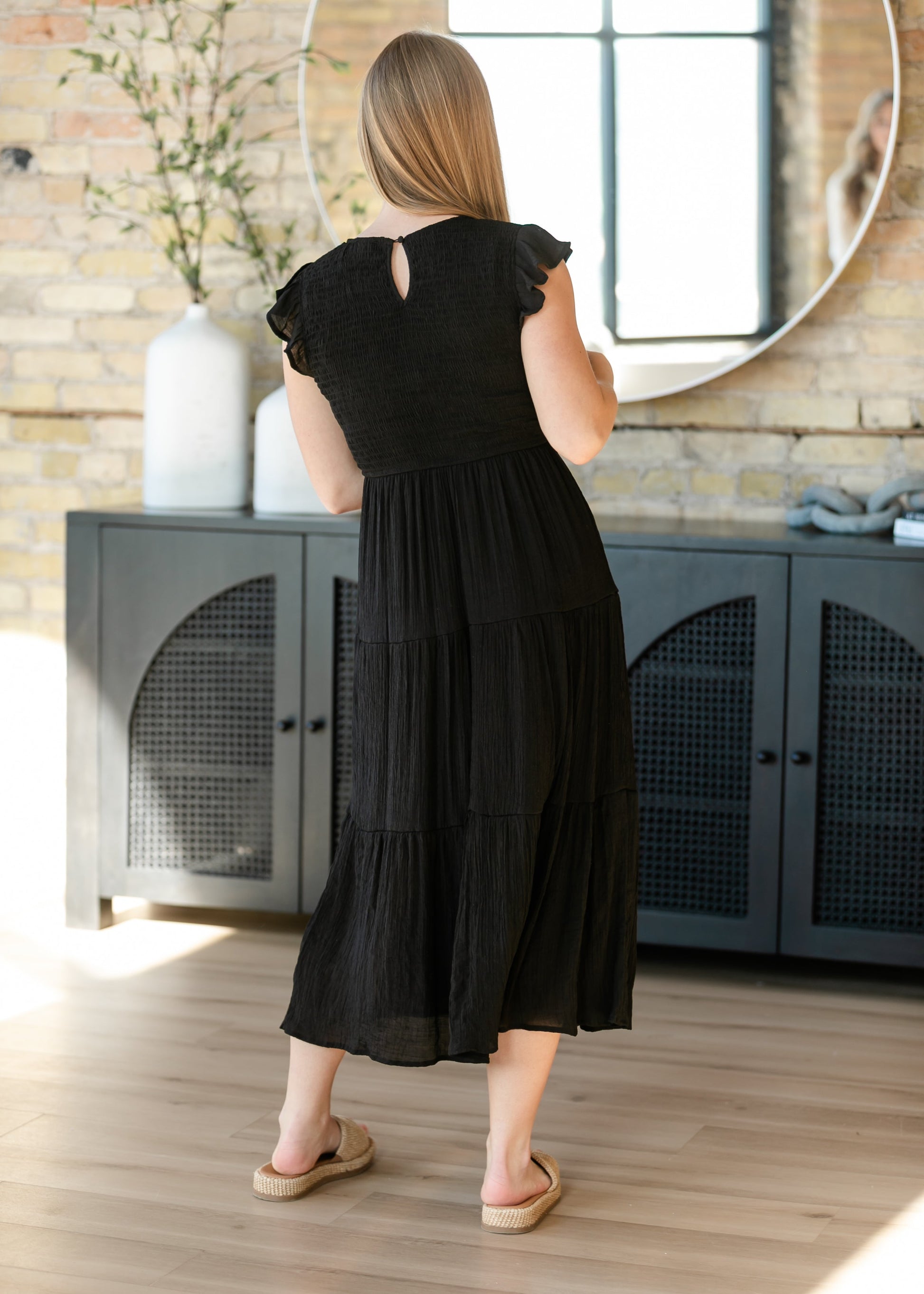 smocked black midi dress Krysta Smocked Midi Dress