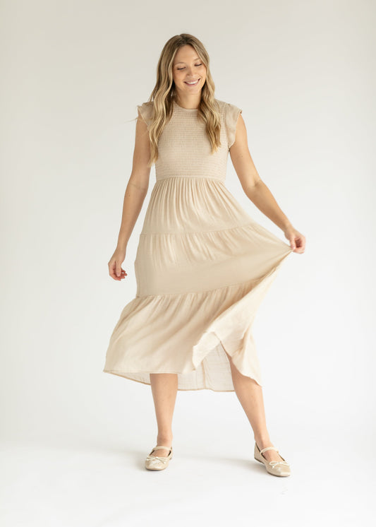 Lorelai Smocked Tiered Midi Dress FF Dresses Beige / S