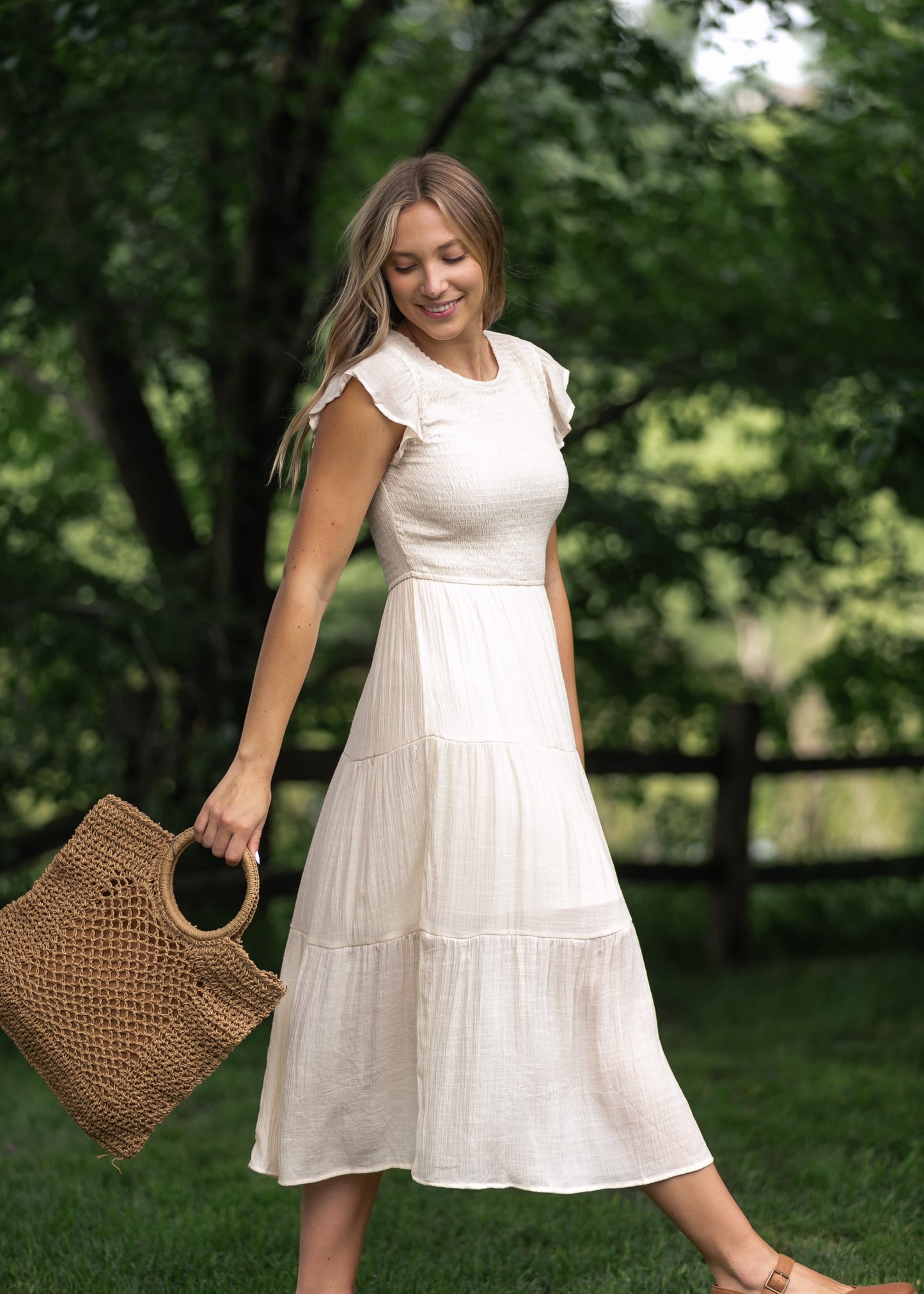 Lorelai Smocked Tiered Midi Dress FF Dresses Champagne / S