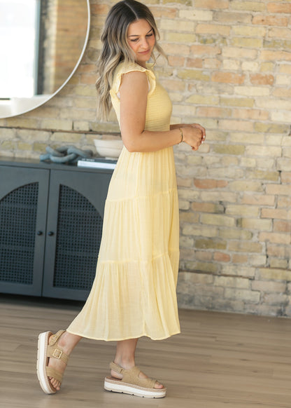Lorelai Yellow Smocked Tiered Midi Dress FF Dresses
