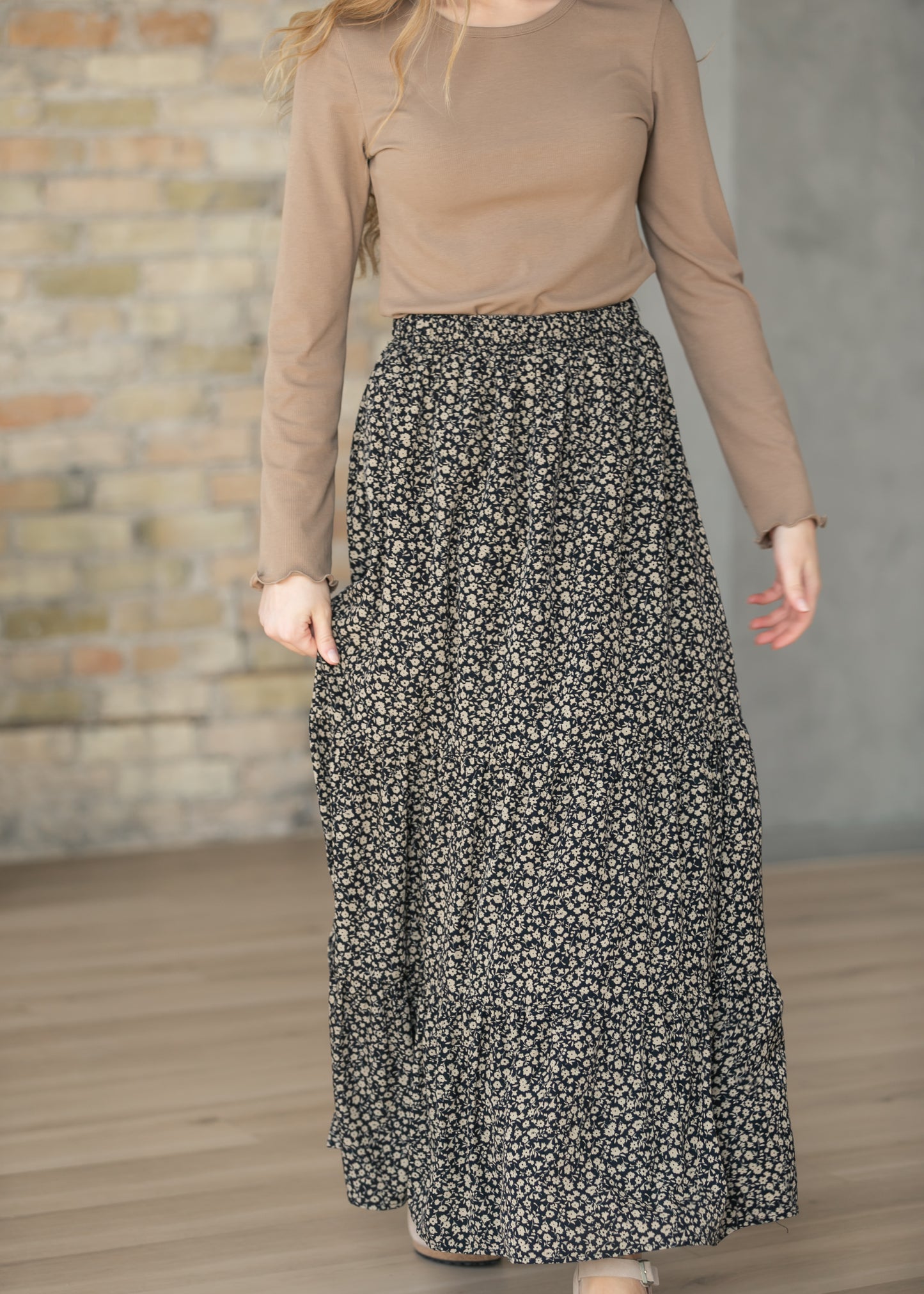 Lynn Black/Brown Floral Tiered Maxi Skirt IC Skirts