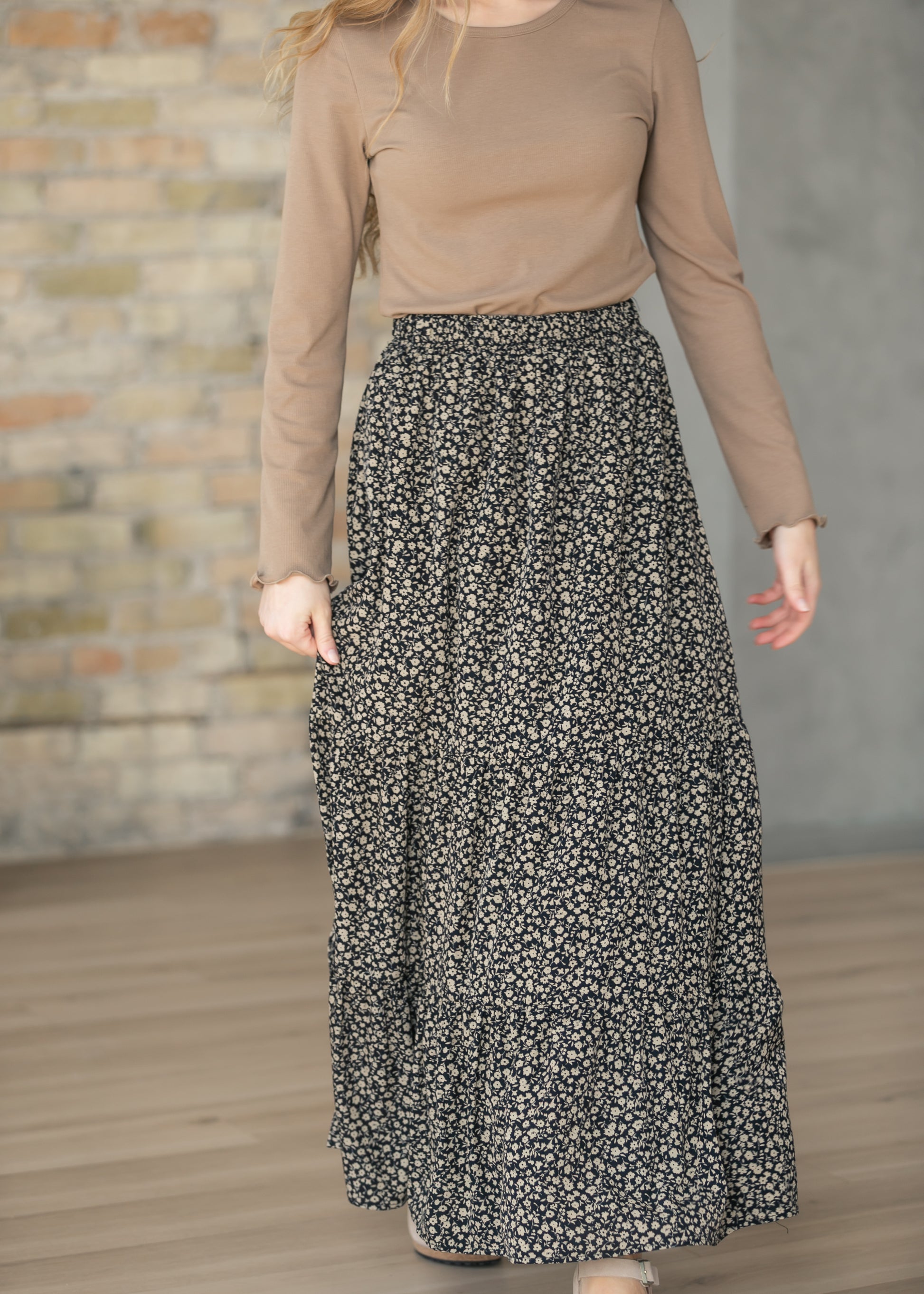 Lynn Black/Brown Floral Tiered Maxi Skirt IC Skirts