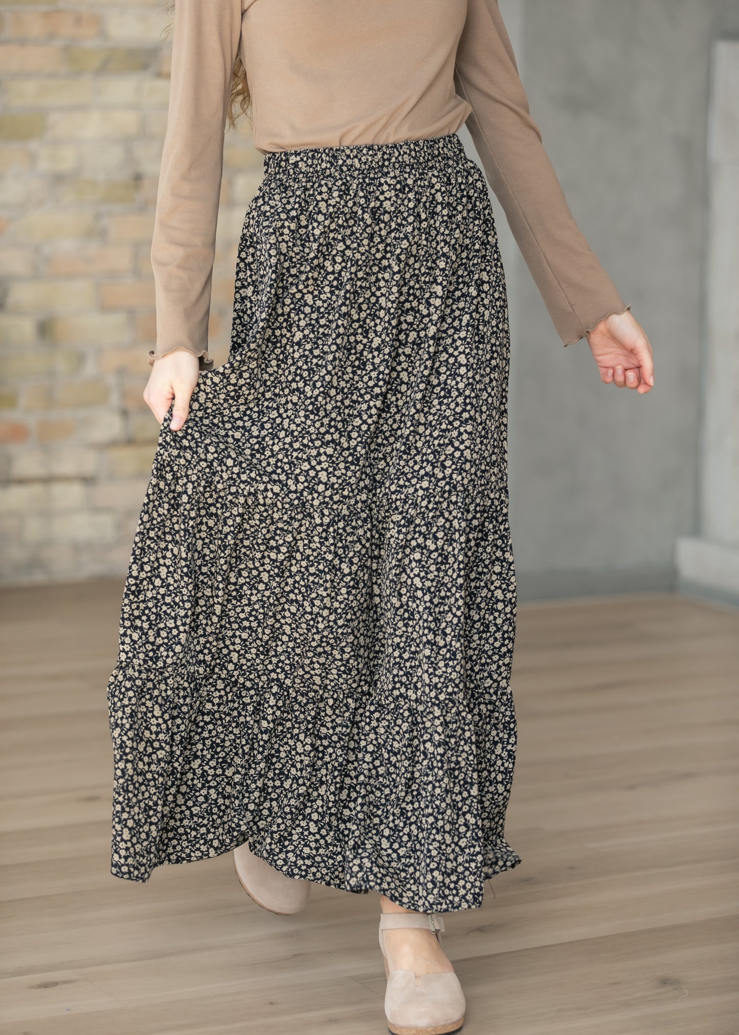 Lynn Black/Brown Floral Tiered Maxi Skirt IC Skirts